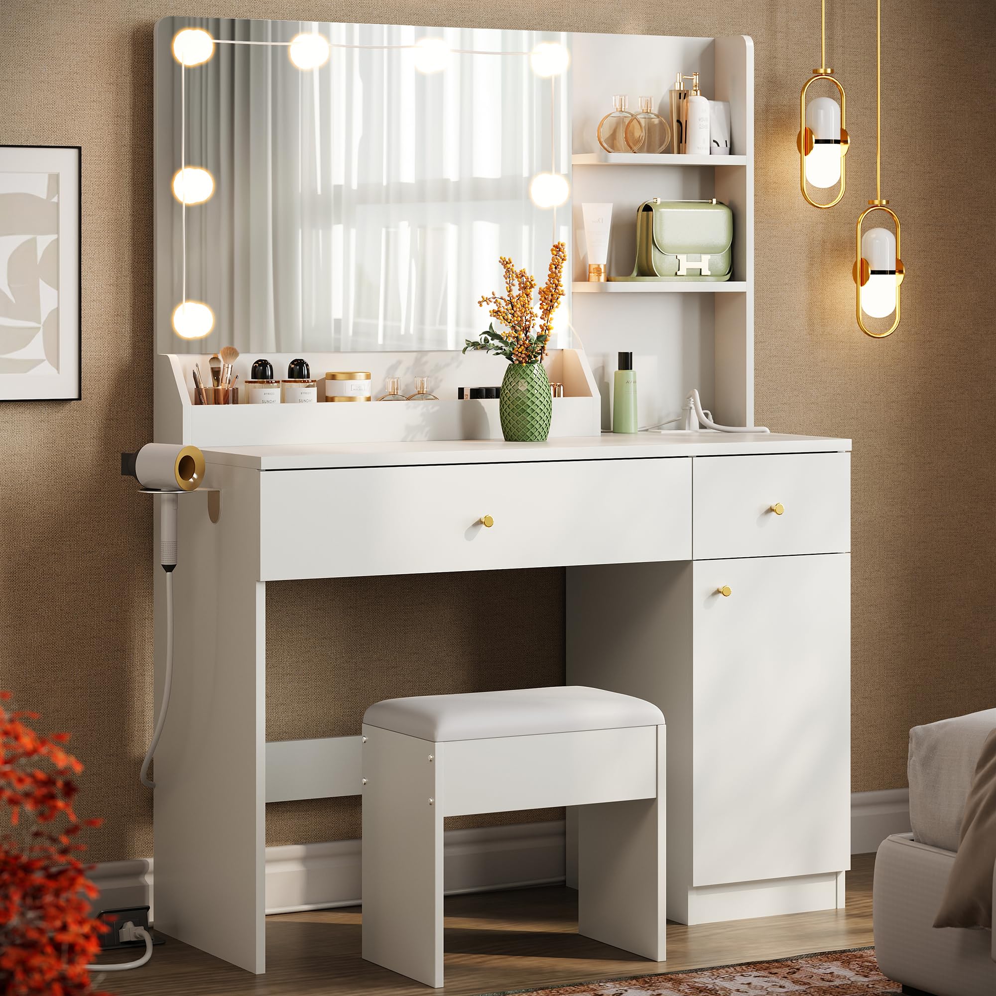 Vanity Desk with Mirror and Lights, Makeup Desk with Power Outlet Drawers Cabinet Stool, Vanity Table 3 Color Modes Adjustable Brightness Dressing Table Set for Bedroom