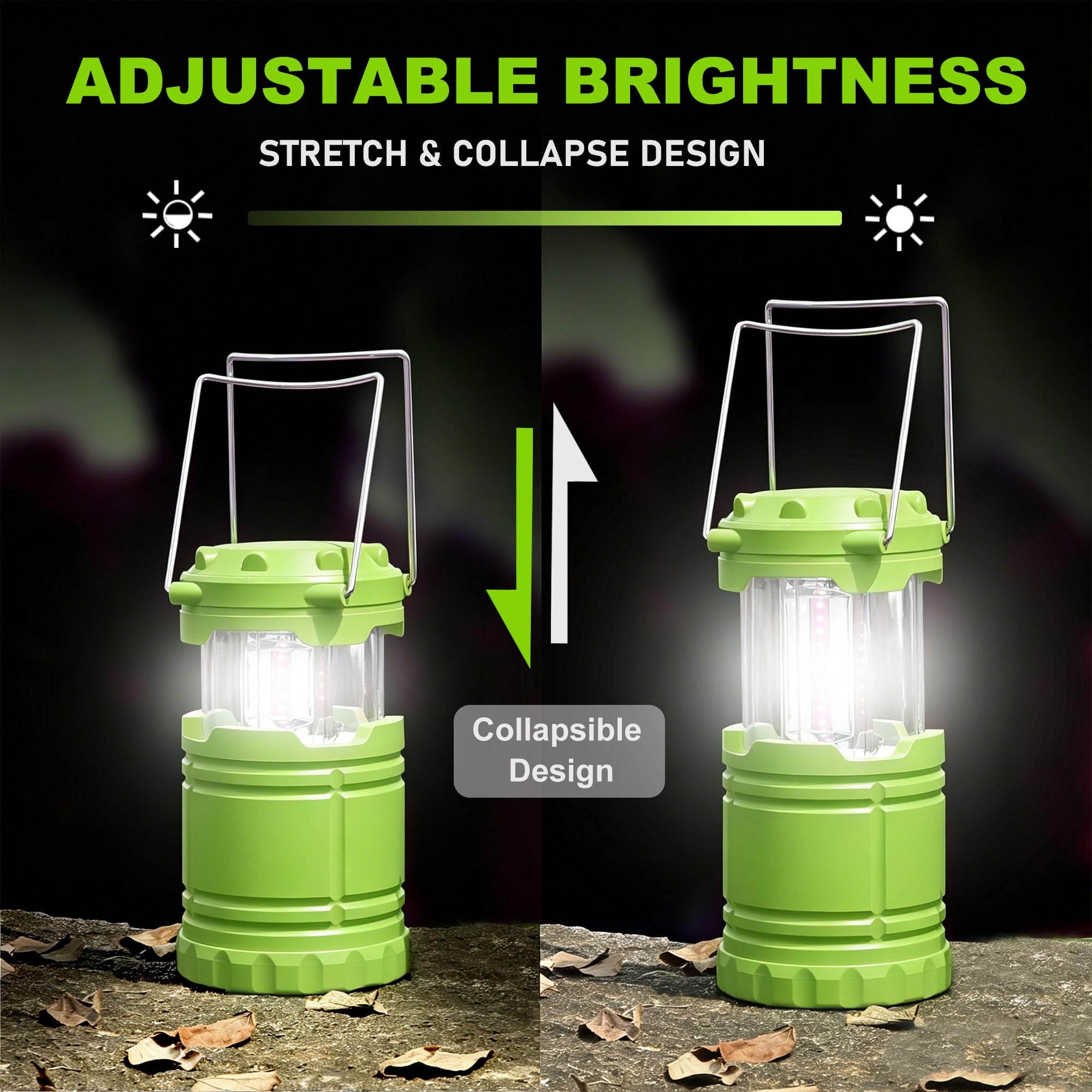 Paquete de 4 linternas LED de camping, luces de emergencia esenciales para cortes de energía, senderismo, huracán, verde