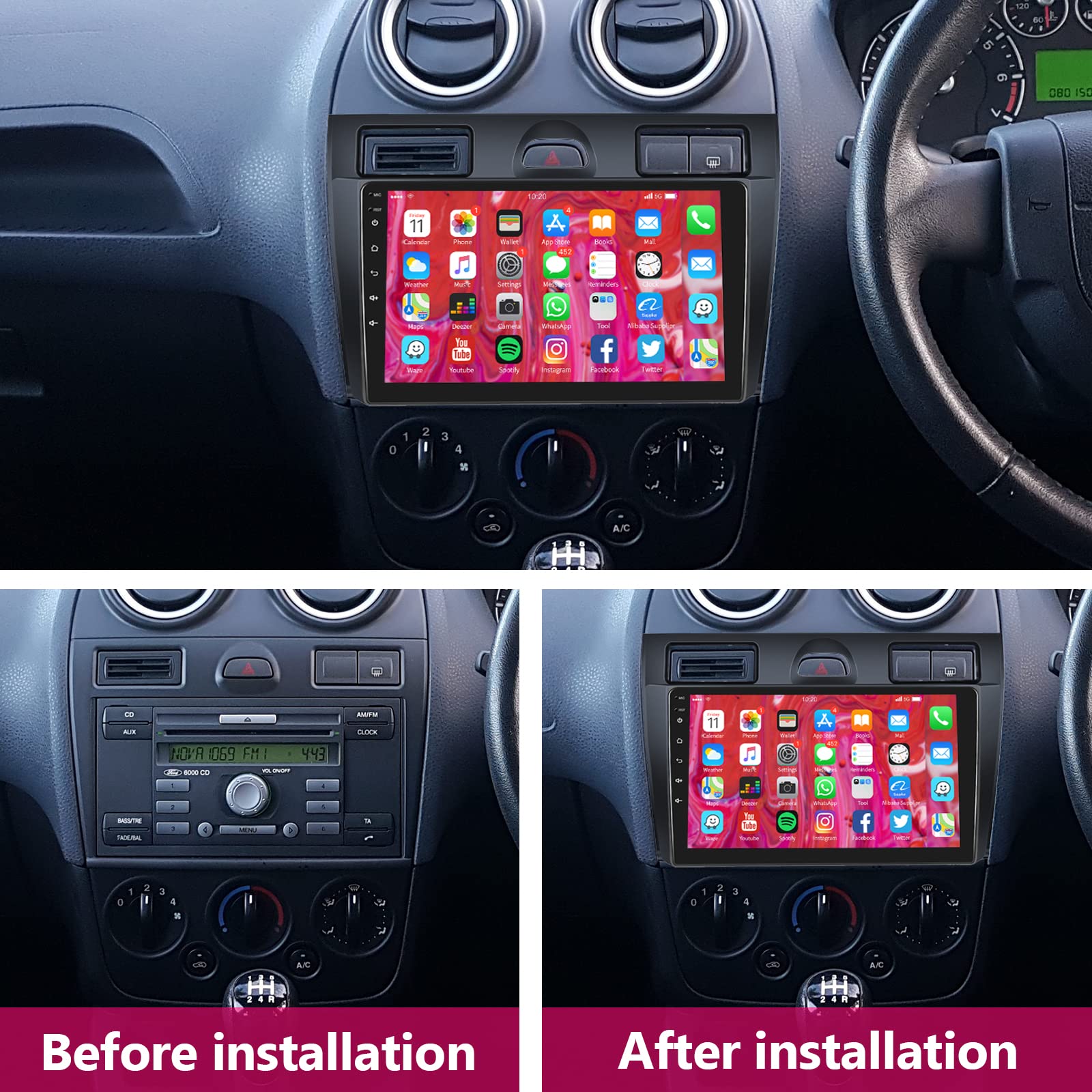 32G Android Autoradio per Ford Fiesta Mk VI 5 Mk5 2002-2008 con GPS Navi WiFi 9 Pollici Autoradio 2 Din con Mirror Link Bluetooth FM/RDS/OBD/DAB+/DVR/EQ/USB Controllo del Volante Telecamera Posteriore