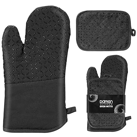 2PCS Silicone Oven Mitts and Pot Holders Set, Kitchen Oven Glove High Heat Resistant 500F Extra Long Oven Gloves with Non-Slip Silicone Surface for Cooking BPA Free(Black)