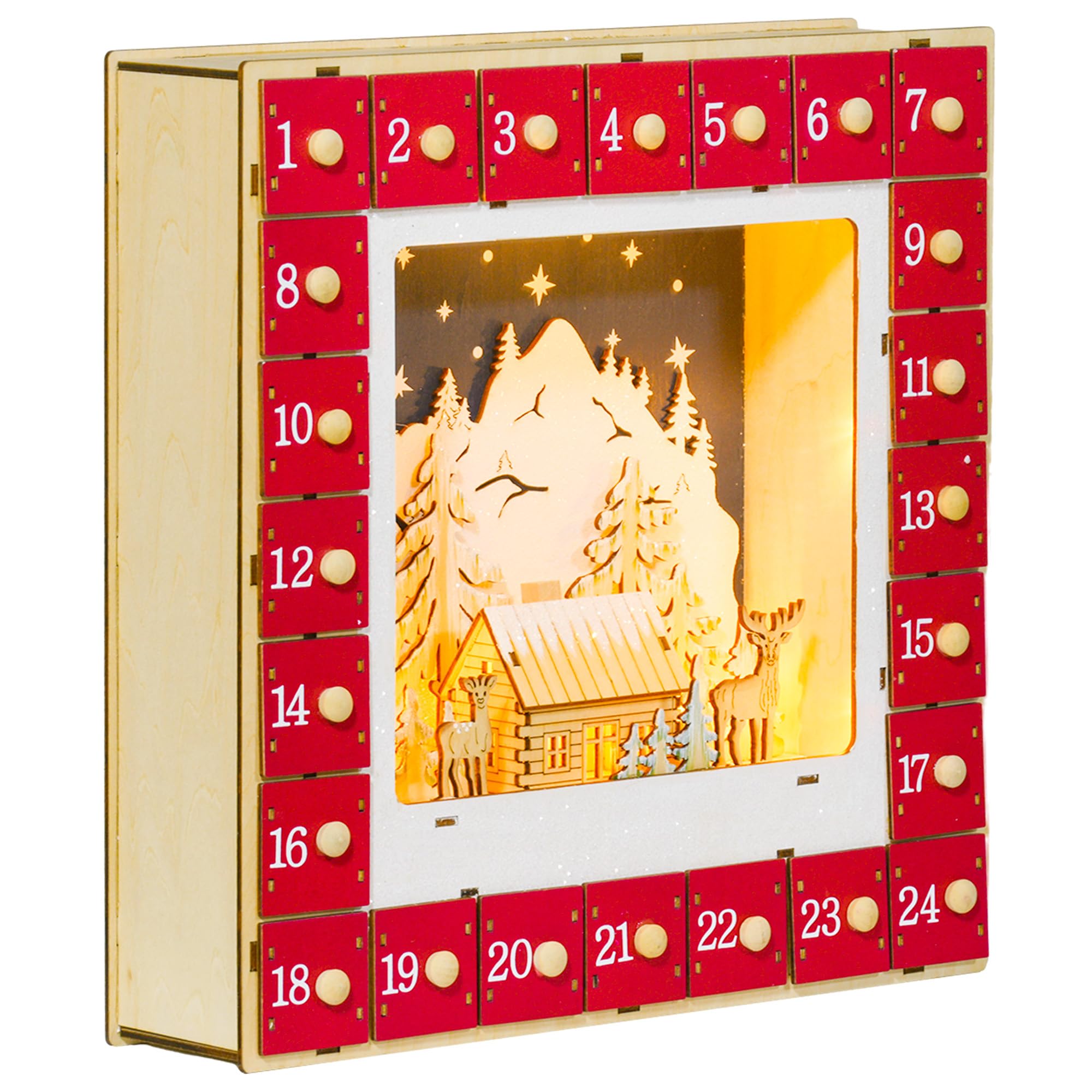 HOMCOM Calendrier de l'Avent LED Décoration Lumineuse 24 Tiroirs Rouge | Décorations de Noël en Bois, à Remplir, Villages, Montagnes, Forêts, Rennes et Étoiles