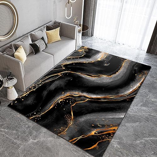 Alfombras artísticas abstractas de color negro y dorado con rayas negras y doradas antideslizantes para interiores lavables a máquina transpirables