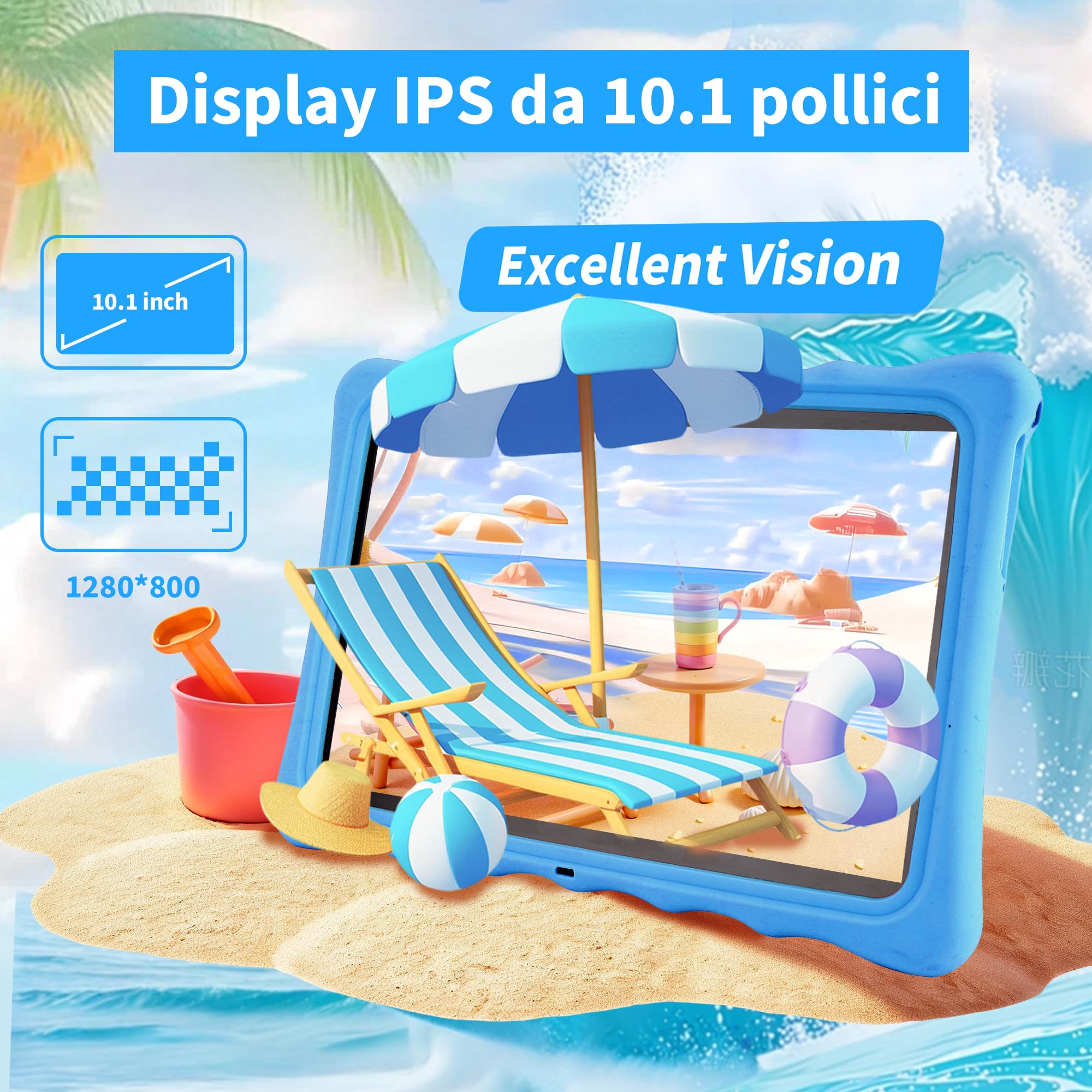 Veidoo Tablet per bambini, schermo IPS da 10,1 pollici, 7 GB (3 + 4) RAM 64 GB ROM, 512 GB espandibile, doppia fotocamera, WiFi 6, tablet Octa-Core Parental Control con custodia protettiva in silicone