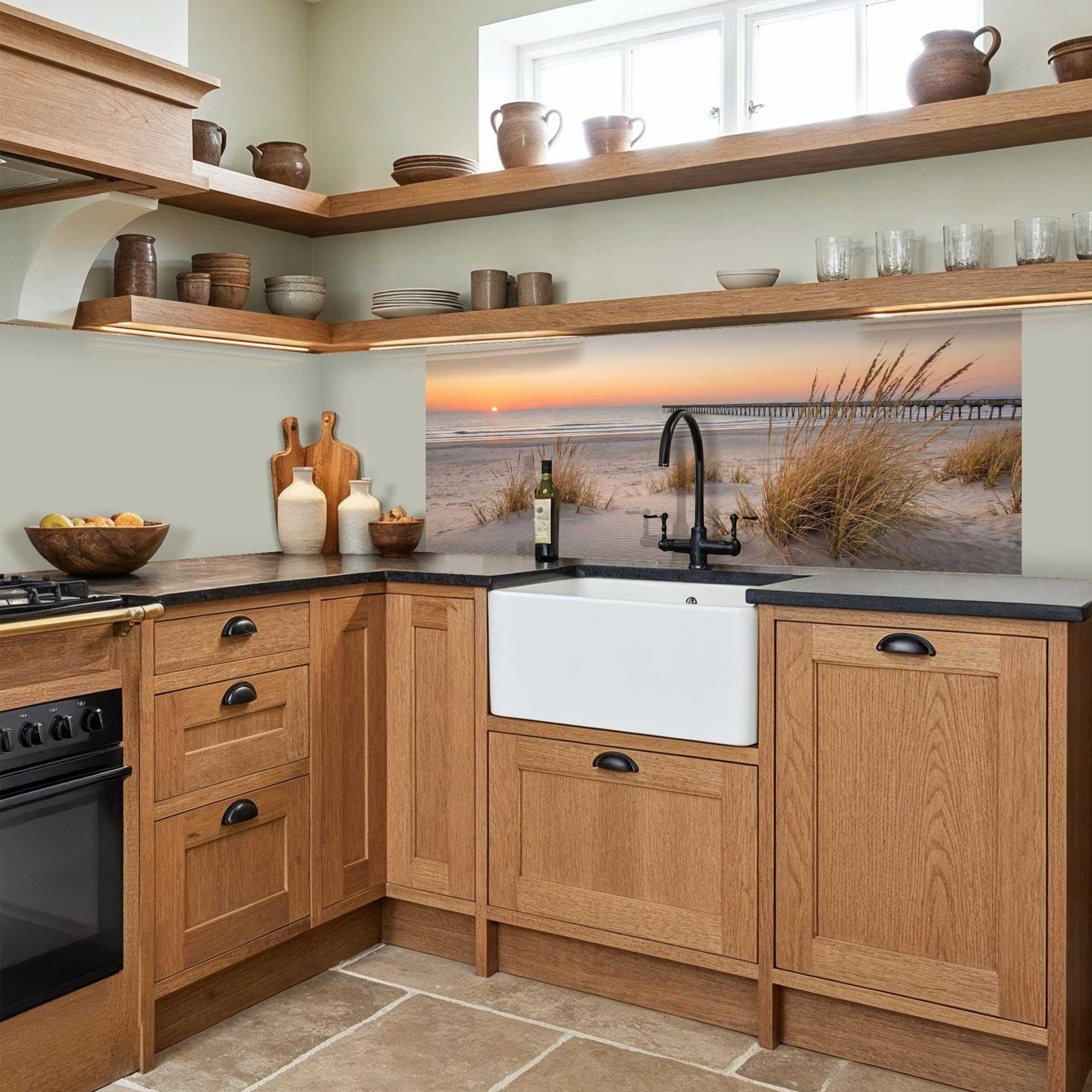 KitchenYeah© Küchenrückwand Selbstklebend 60x150 cm Küchenspritzschutz Rückwand Wandschutz Ohne Bohren Spritzschutz Wand Wandverkleidung Pier - Sonnenuntergang - Strand