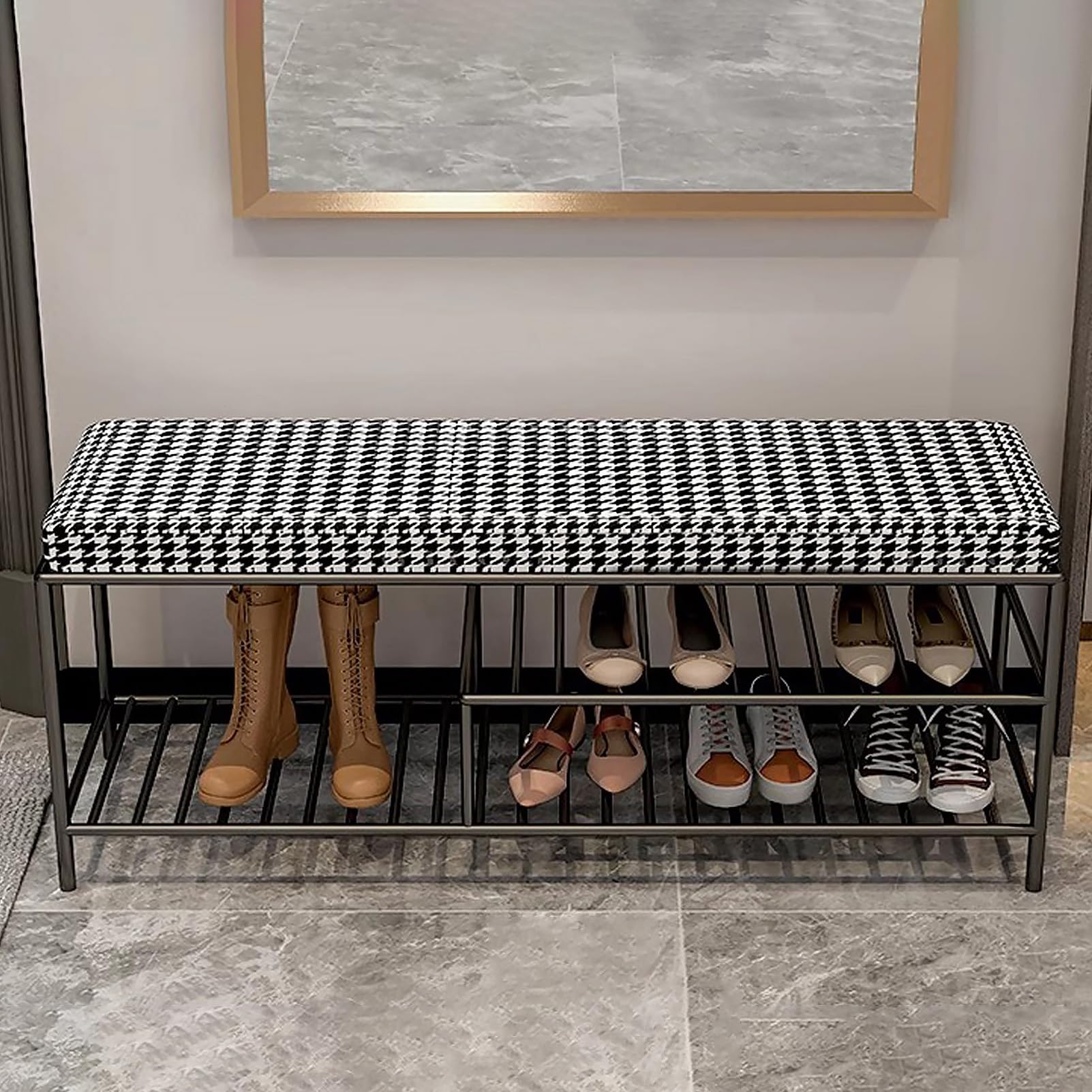 Banc d'entrée rembourré avec étagère à chaussures en métal noir