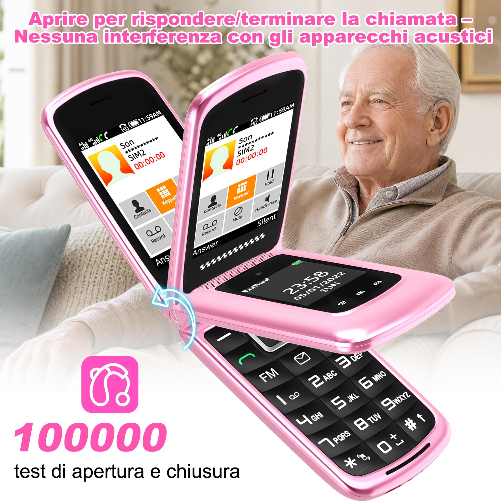 4G Telefono Cellulare per Anziani | Flip Telefoni Cellulari con Tasti Grandi | Doppia SIM | Annunci vocali | Volume alto | Funzione SOS | 2.4"+1.77" Doppio Pantalla | Selezione Rapida | Rosa