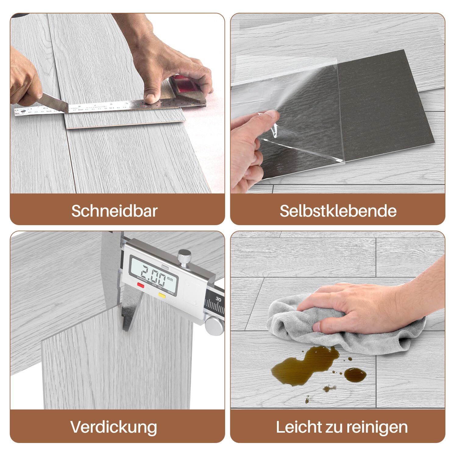 PVC Bodenbelag Selbstklebende, Vinyl-Fliesen, Vinylboden, 91,44 CM X 15,24 CM, Dicke 2 mm, Vinyl Laminat Rutschfeste Dekor-Dielen für Schlafzimmer, Wohnzimmer, 72 Fliesen/10 ㎡, Rauchgrau