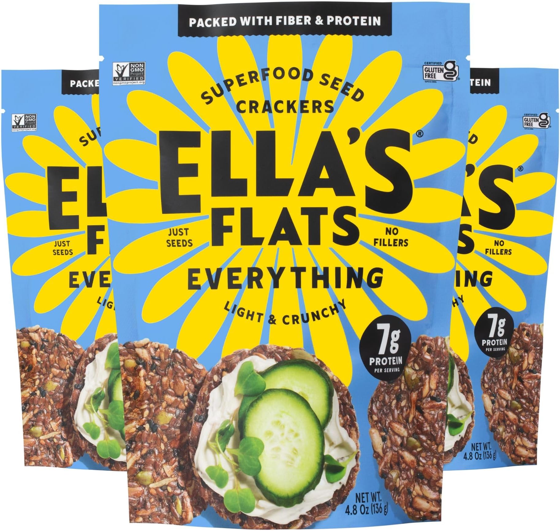 ELLA’S FLATS® Everything All Seed Savory Crisps – All Natural, Gluten Free, Good Source of Protein, High Fiber, Vegan and Keto Friendly (3 Pack)