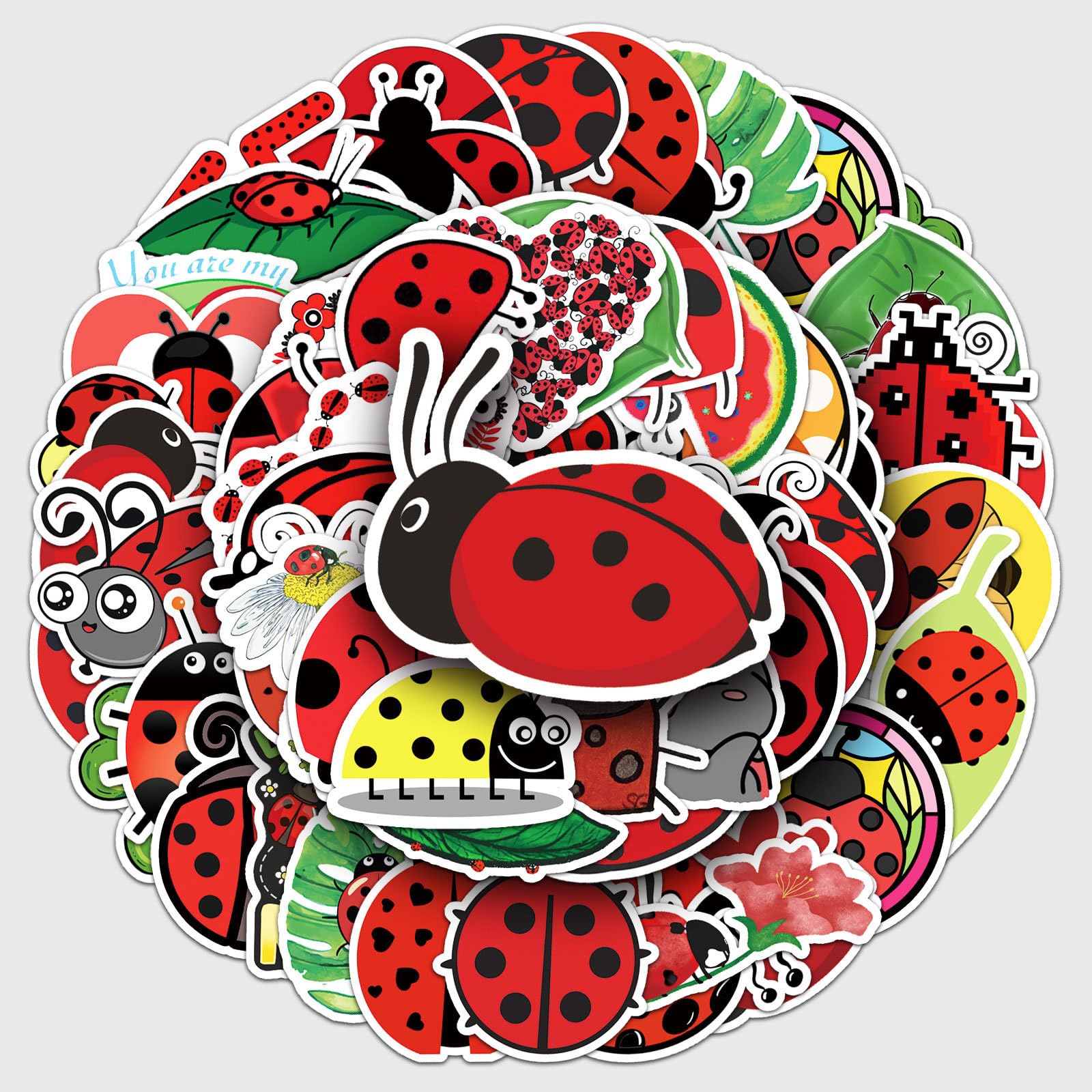 50 Pcs Cute Ladybug Stickers - Waterproof Vinyl Ladybug Decals with Love/Fruit Motifs for Skateboard, Laptop, Fridge & Luggage (Assorted Adorable Ladybug Designs)(Ladybug)