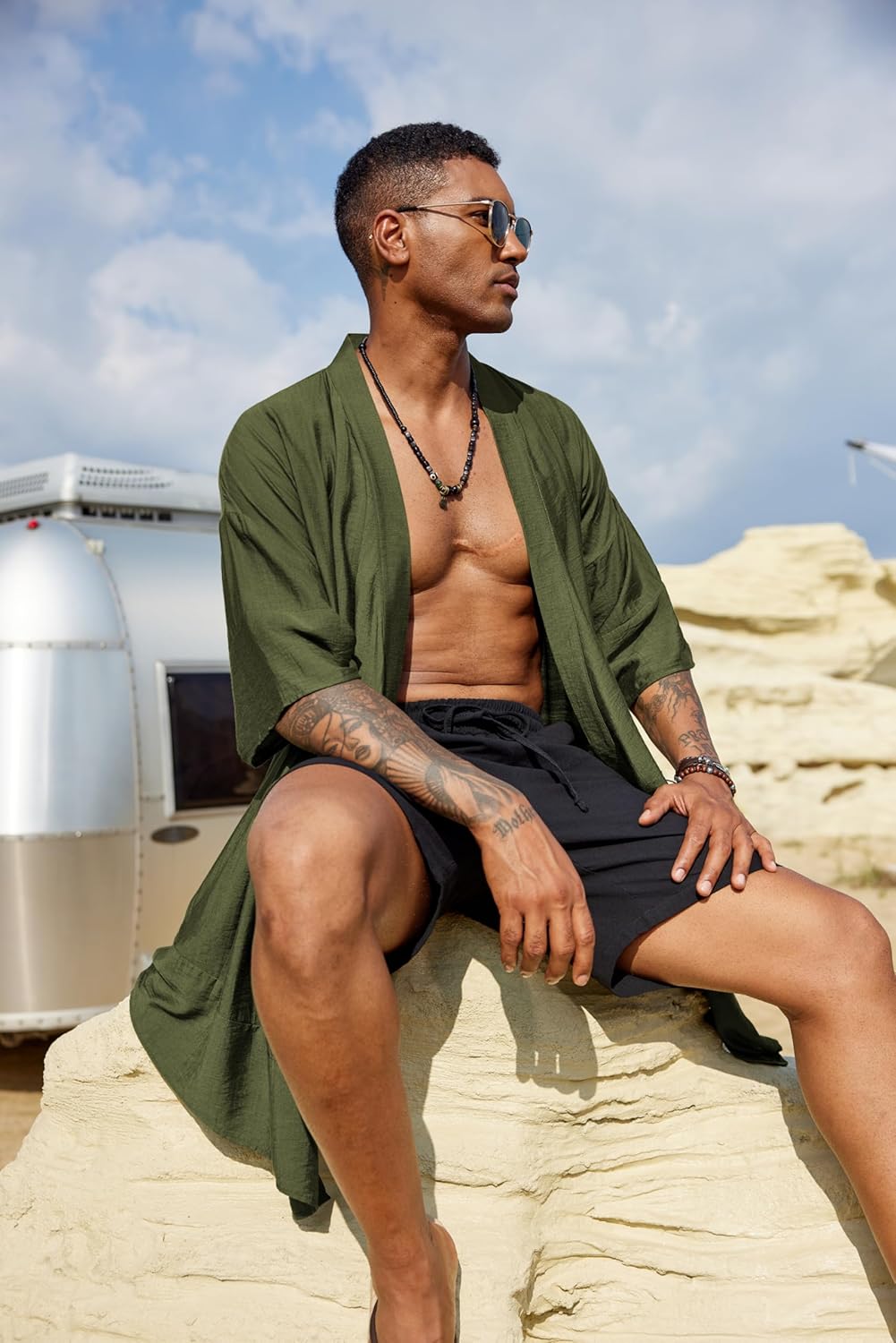 COOFANDY Men's Ruffle Shawl Collar Lightweight Cardigan Long Kimono Jackets Open Front Drape Cape Coat - Image 4