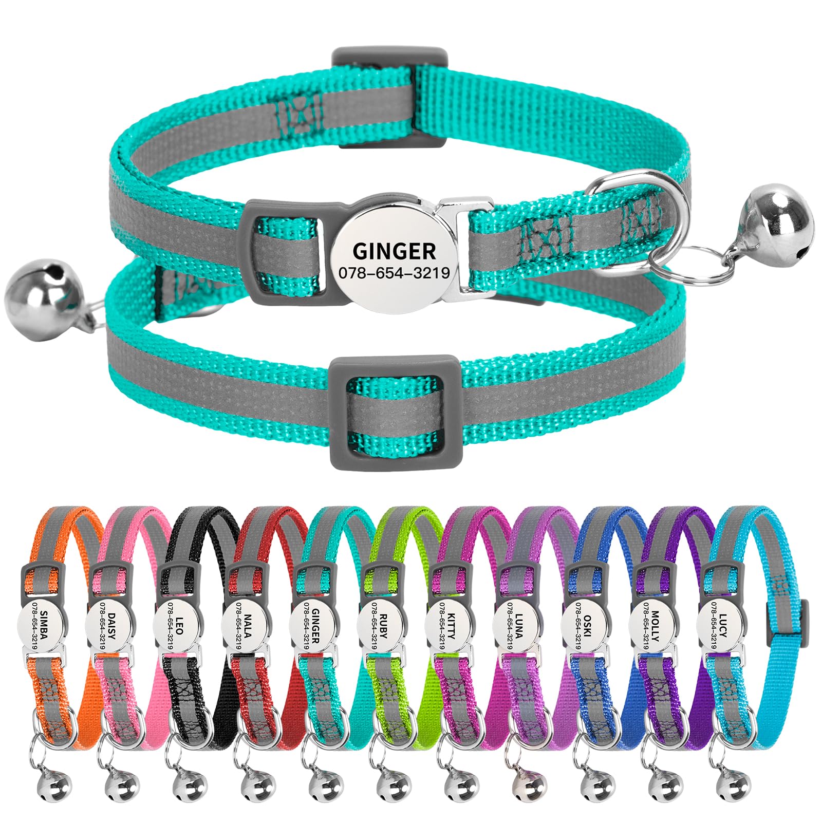 Personalised Reflective Cat Collar with Name Tag,Quick Release Kitten Collars with Bell Safety Buckle, Adjustable Nylon Cat Collar for Cats Kittens UK Prime (19โ30 cm, Dark Green Strip)