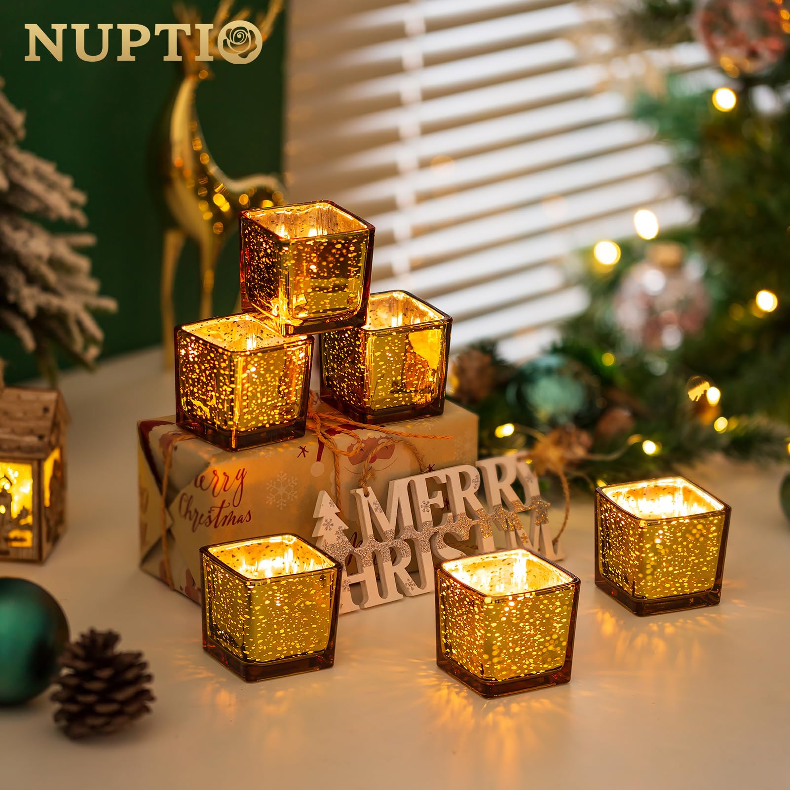 Nuptio Oro Portacandele In Vetro - Confezione 12 Portacandele Votive Tea Light Sfuso, Quadrato Speckled Mercurio Galleggiante Candele Soggiorno Natale Matrimonio Festa Candela razione Tavolo Cena