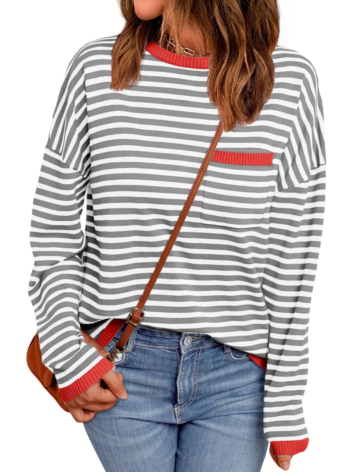 LILLUSORY Womens Striped Soft Knit Pullover Sweater Loose Fit Shirts with Chest Pocket