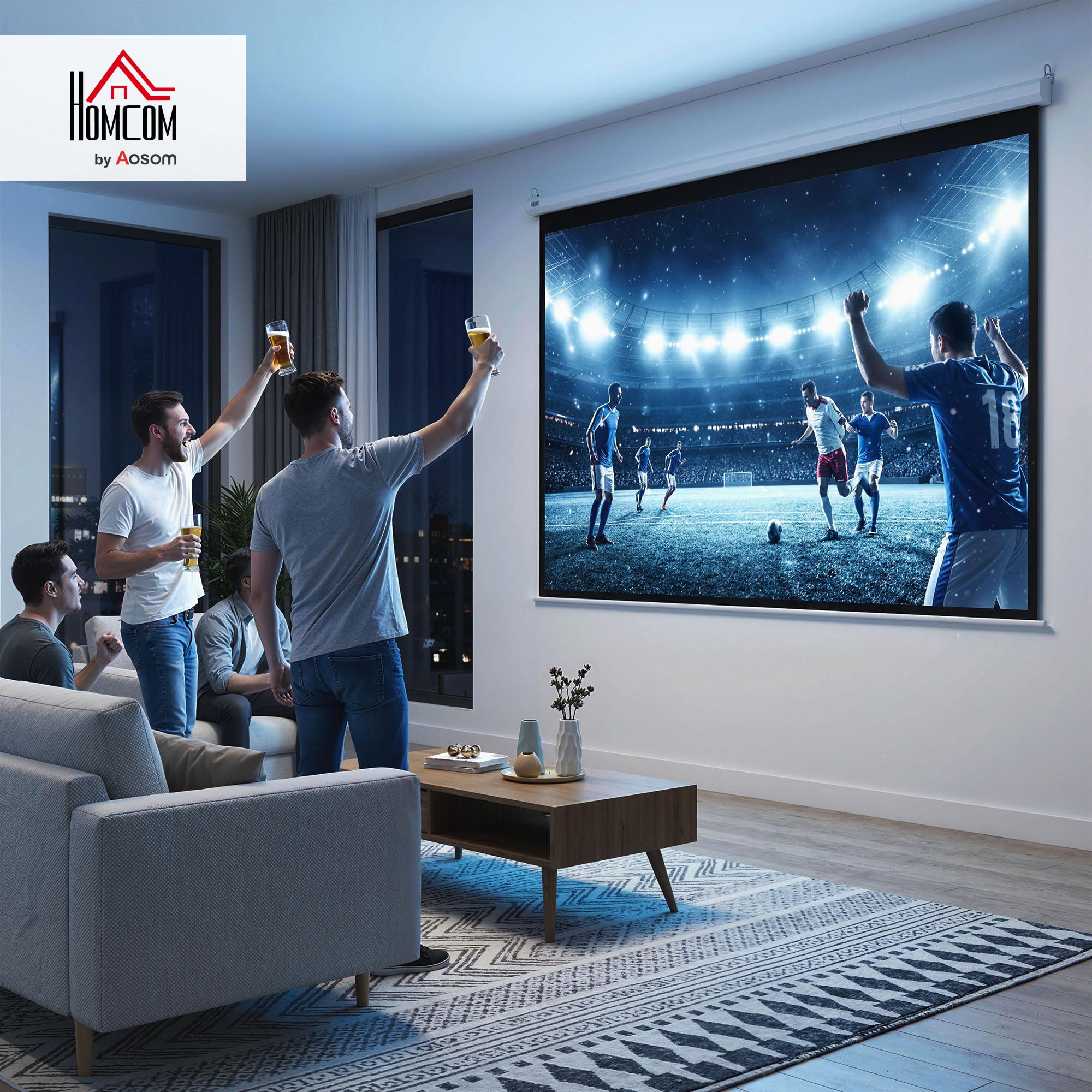 HOMCOM Pantalla de Proyector Eléctrica 120 Pulgadas Pantalla de Proyección Portátil Formato 4:3 con Mando a Distancia Tela de Proyección para Interior y Exterior Eventos Deportivos 244x183 cm Blanco