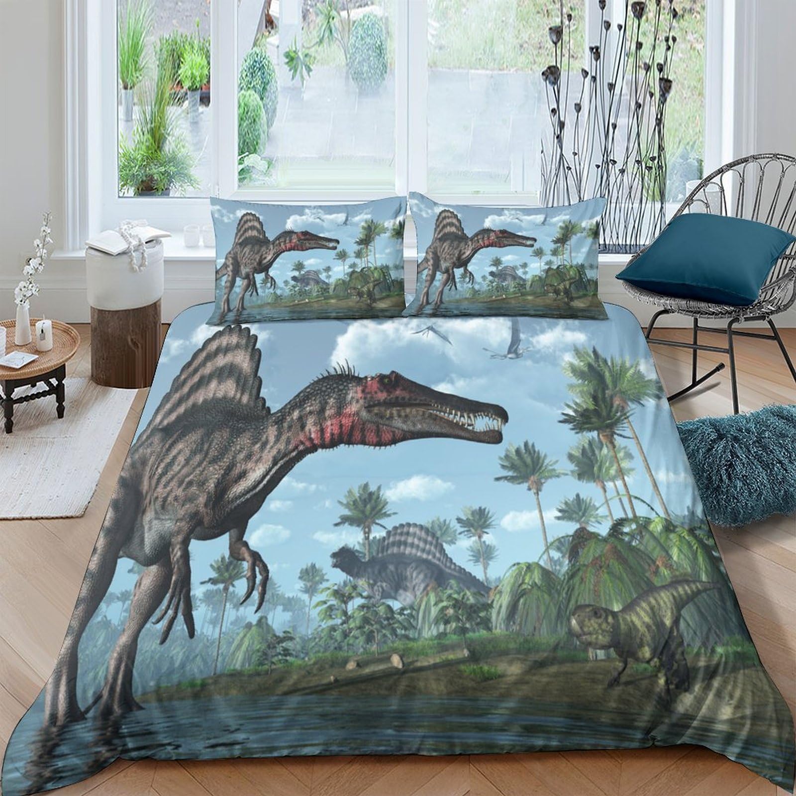 GPLZQXKJNH 3D Printed Dinosaur Jungle Duvet Cover Set Microfiber Soft Breathable Forest Bedding Set with 2 Pillowcases for Bedroom Decor Single（135x200cm）