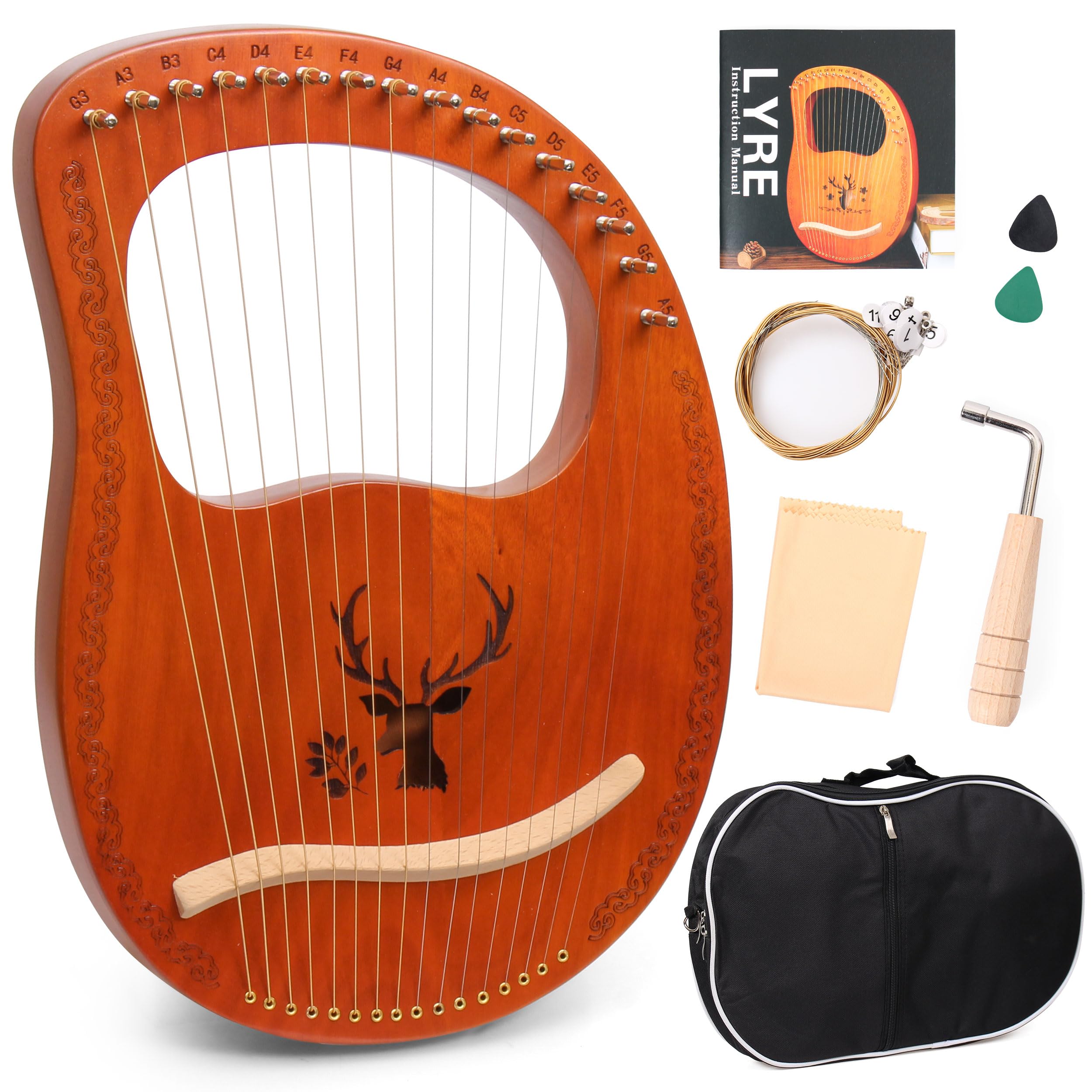 Lyre Harpe 16 Cordes Métalliques en Acajou Petite Harpe Portable Harpe Lyre Métal Selle avec Clé de Réglage et Housse Noire, Marron, Motif d'élan