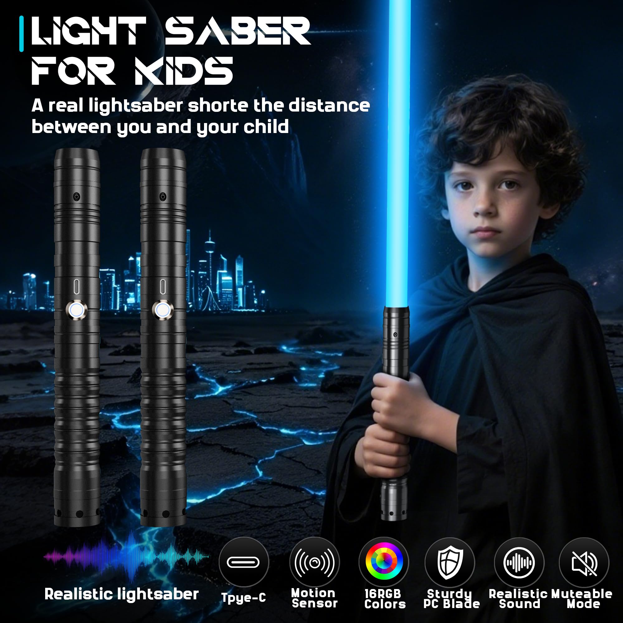 Sabre Laser-2 Pièces Lightsaber RGB 15 Couleurs Rechargeable USB-C - Effets Sonores FX, 4 Modes de Duel, Épées Laser Connectables en Métal - Jouet Cosplay Film, Halloween (2 Pc Noir 78cm)