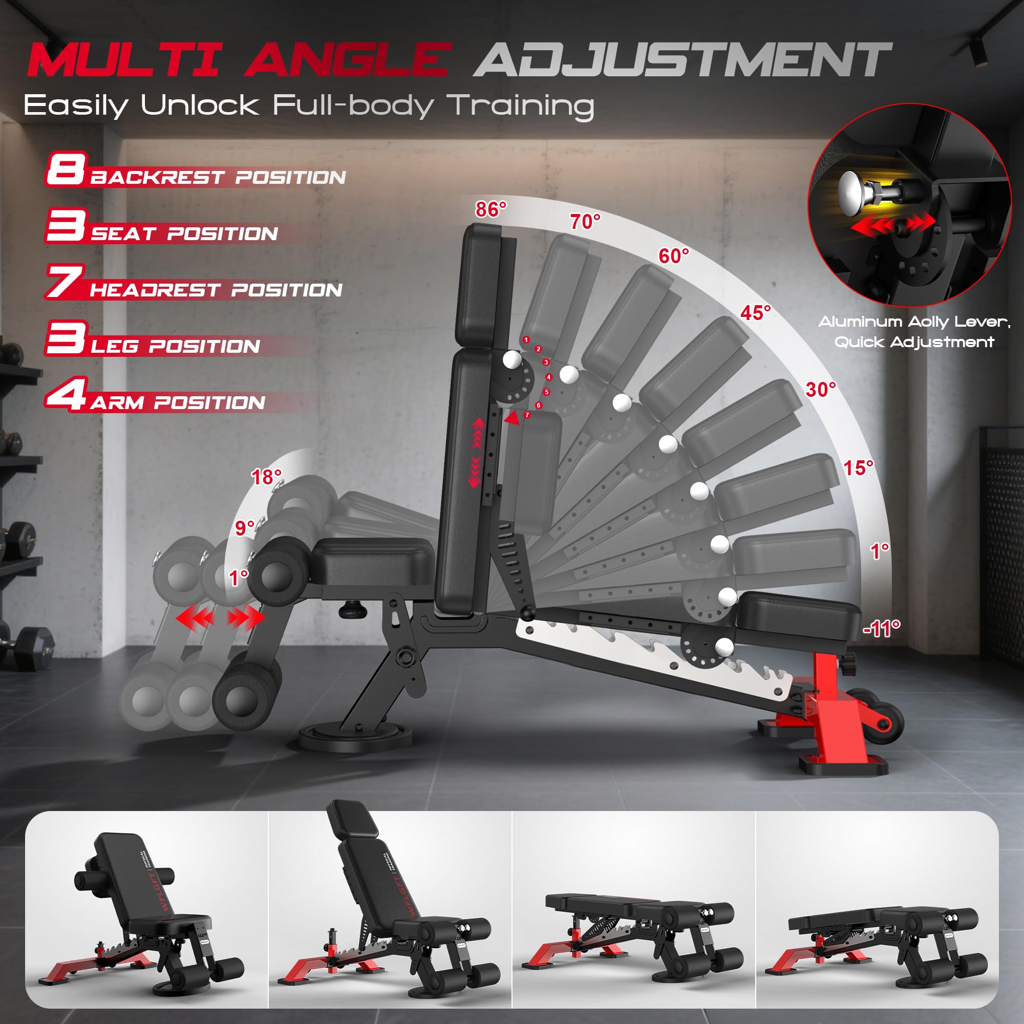 Commercial Adjustable Weight Bench, Heavy Duty 1800LBS | Workout Bench for Home Gym, Flat, Decline, Incline Bench Press, Removable Leg & Elbow Support for Full Body Strength Training