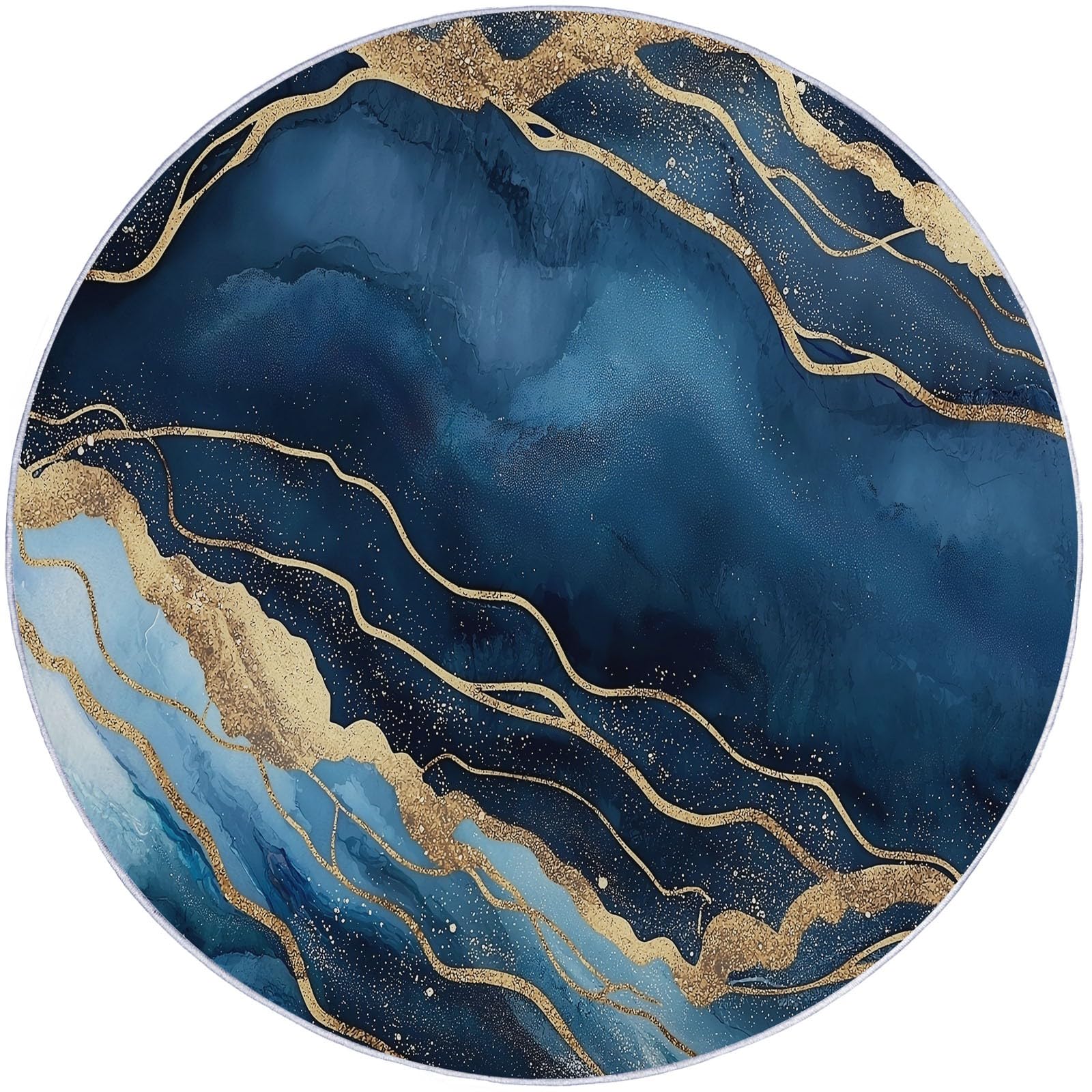 Générique Tapis Rond antidérapant à Motif Vagues Océaniques Abstraites, Lavable en Machine - pour Chambre à Coucher Salon Cuisine - Décoration d'intérieur - 150 cm Bleu Or