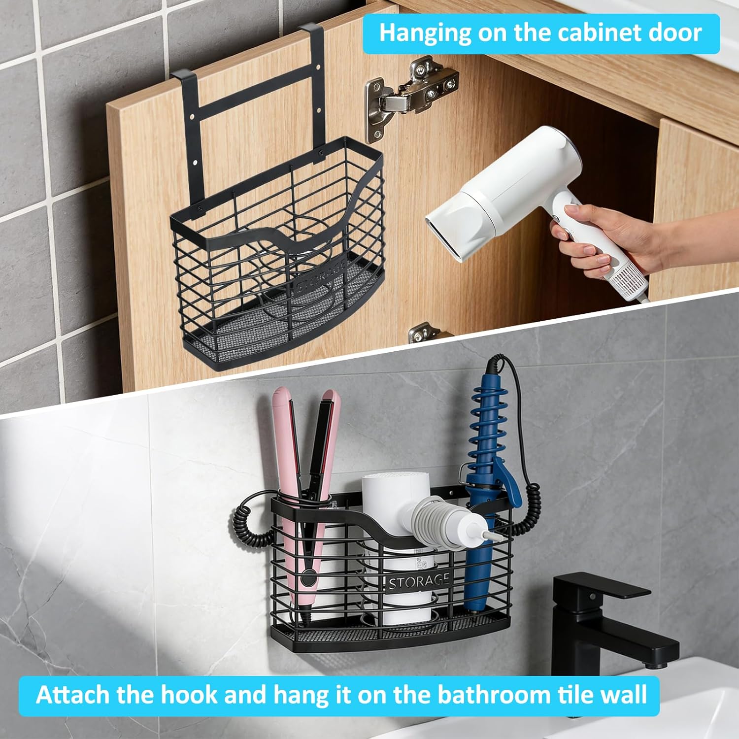 Hair Tool Organizer, Stainless Steel Hair Dryer Holder for Dresser, Bathroom Countertop & Cabinet Door, Wall Mount Storage Basket for Holding Hairdressing Curler, Blow Dryers, Shaver, Comb