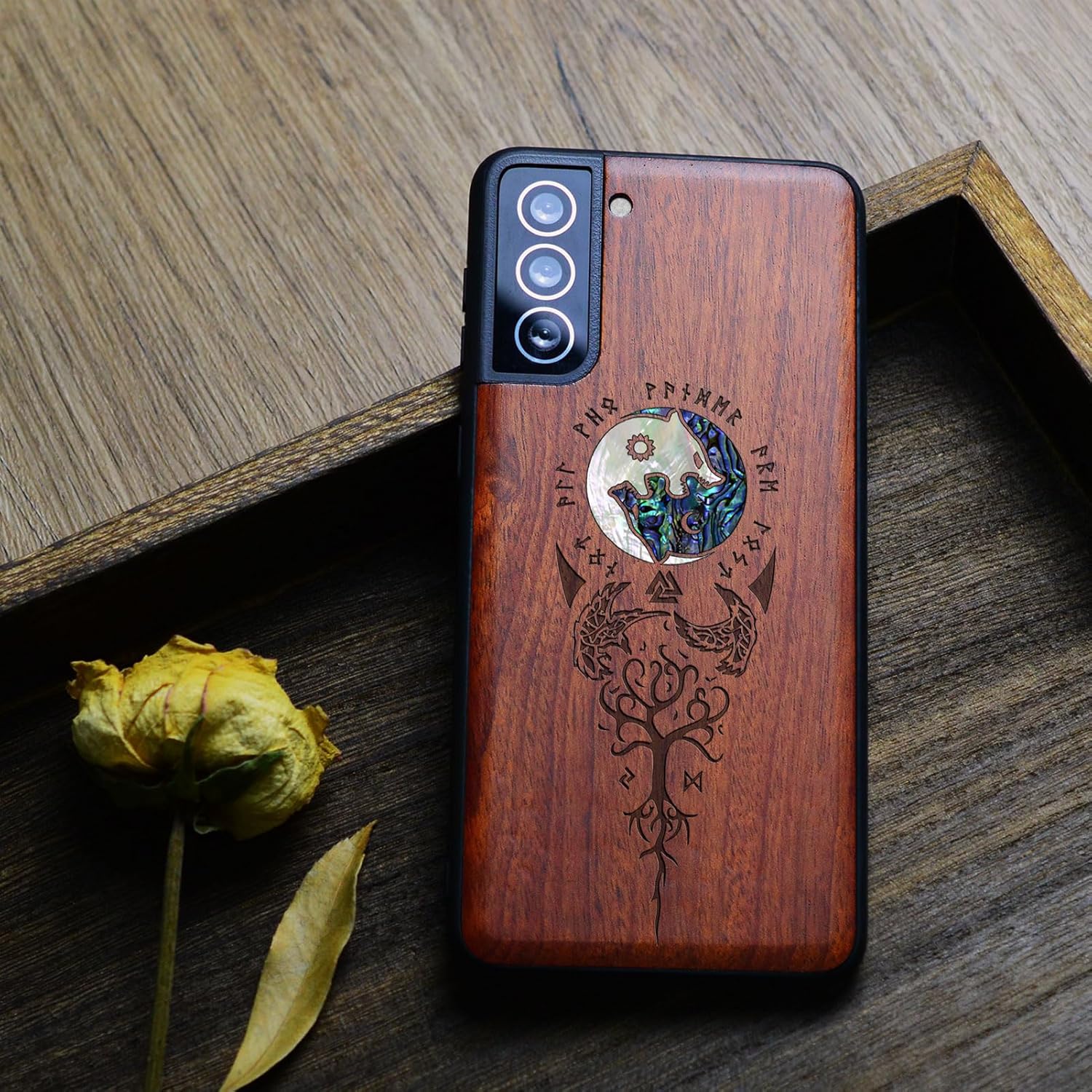 Carveit Designer Wooden Cover for Samsung Galaxy S22 Plus Case [Wood Engraving & Shell Inlay] Compatible with Wireless Chargers Galaxy S22 Plus (Yin Yang Wolf-Rosy)