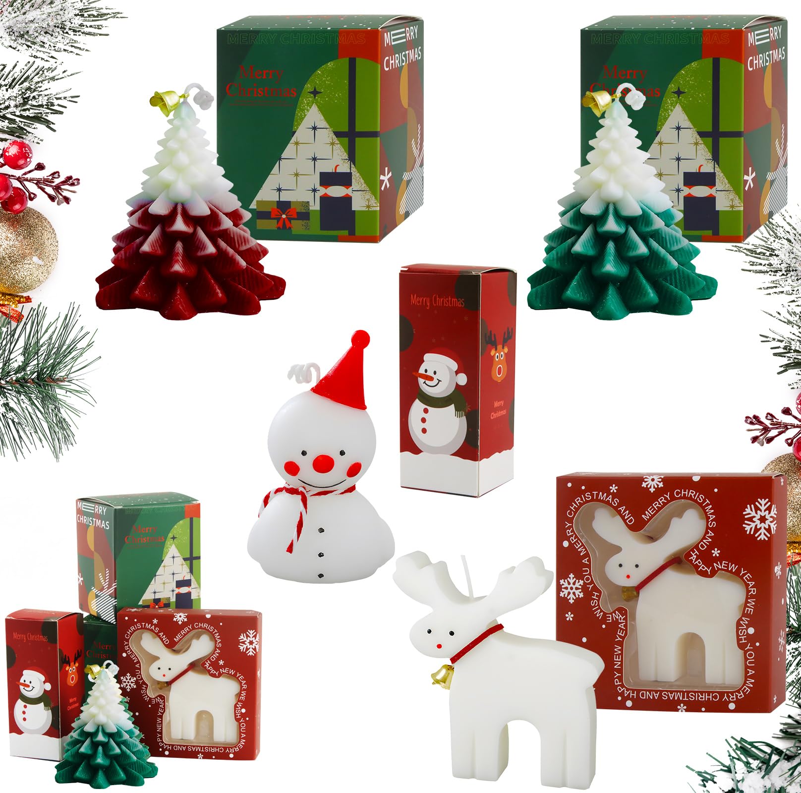 SilverChry Velas de Té de Navidad*4 Piezas, Velas Navidad, Vela Árbol Navidad,Velas Navideñas de Aromaterapia, Christmas Scented Candles Adornos, Árbol de Navidad, Alces, Muñeco Nieve, Bonitos Envases