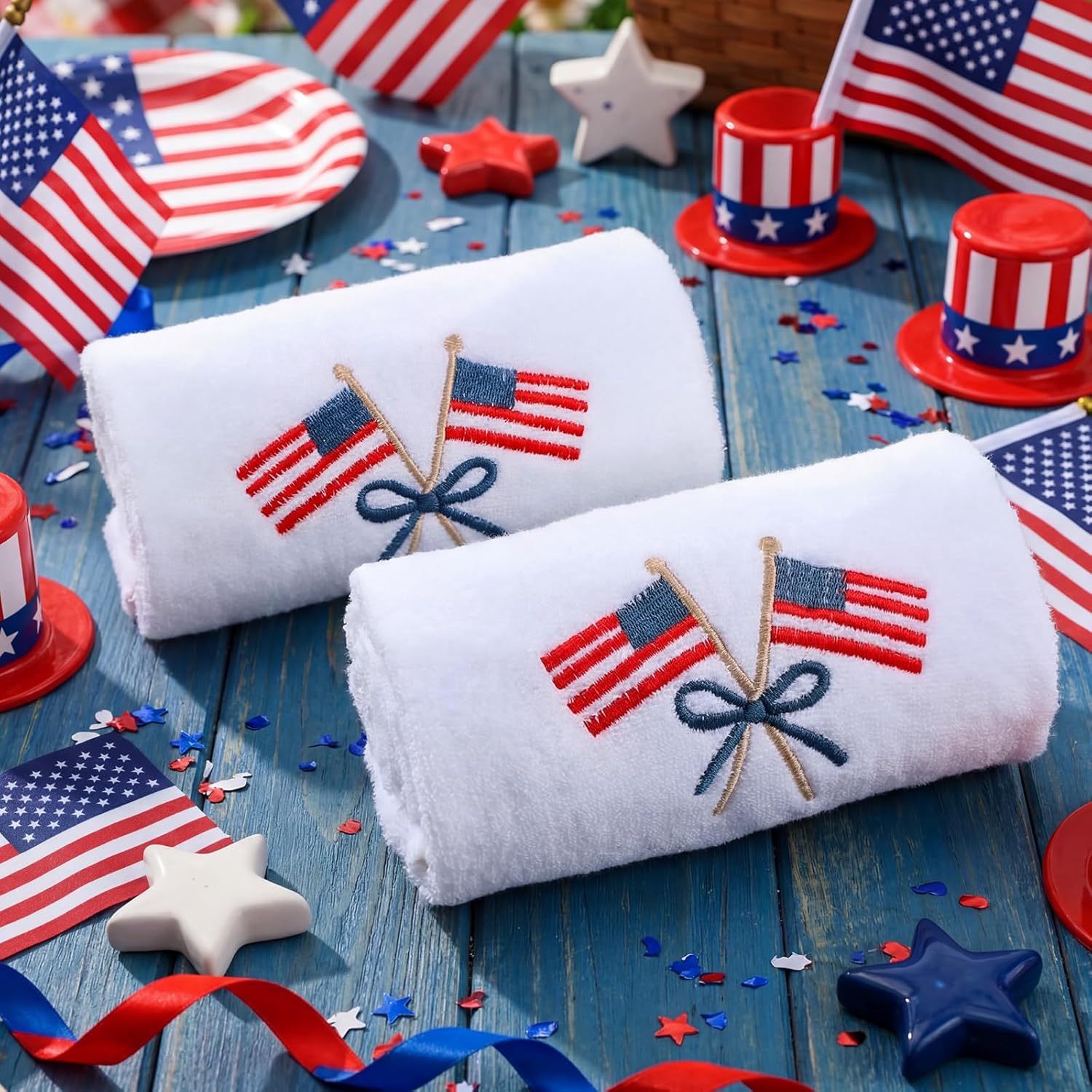 Tudomro 2 Pcs Patriotic Hand Towels White American Flag Embroidered Bathroom Towel 4th of July Dish Towel for Hand Drying Cleaning Cooking Independence Day 250th Gift 13.4 x 29.1 Inch