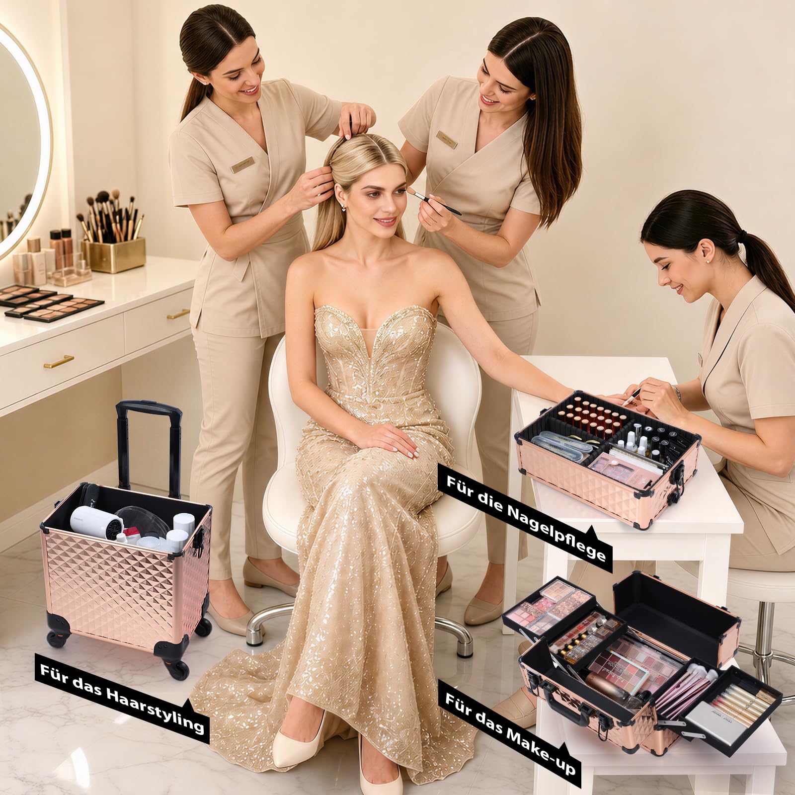 Kosmetik Trolley 3-in-1 Make up Koffer Kosmetikkoffer Schminkkoffer Groß Friseurkoffer mit Rollen Beauty Case Nagelkoffer Multikoffer, Rosegold
