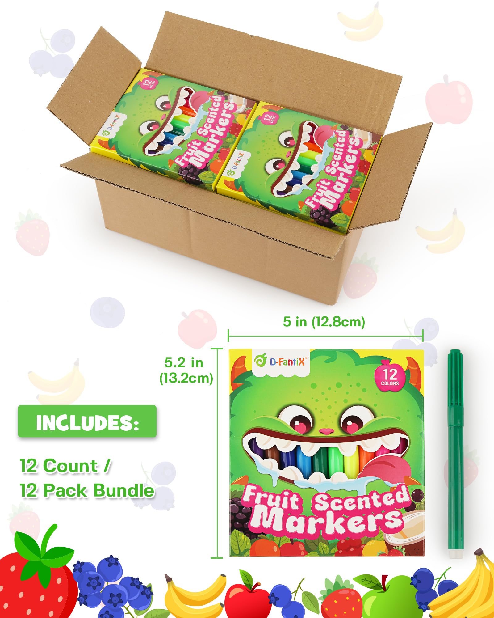 D-FantiX 12 Packs Fruit Scented Washable Markers for Kids Toddlers 144 Count Felt Tip Colouring Pens Set - Image 2