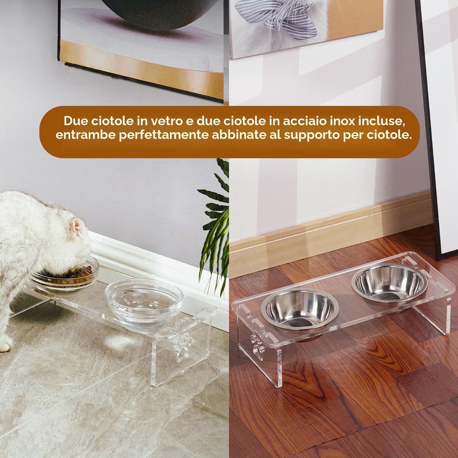 Set di ciotole rialzate per cani e gatti, supporto per mangiatoia in acrilico con 2 set di ciotole rimovibili in acciaio inossidabile e vetro per cibo e acqua, per piccoli animali domestici, 9,5 cm