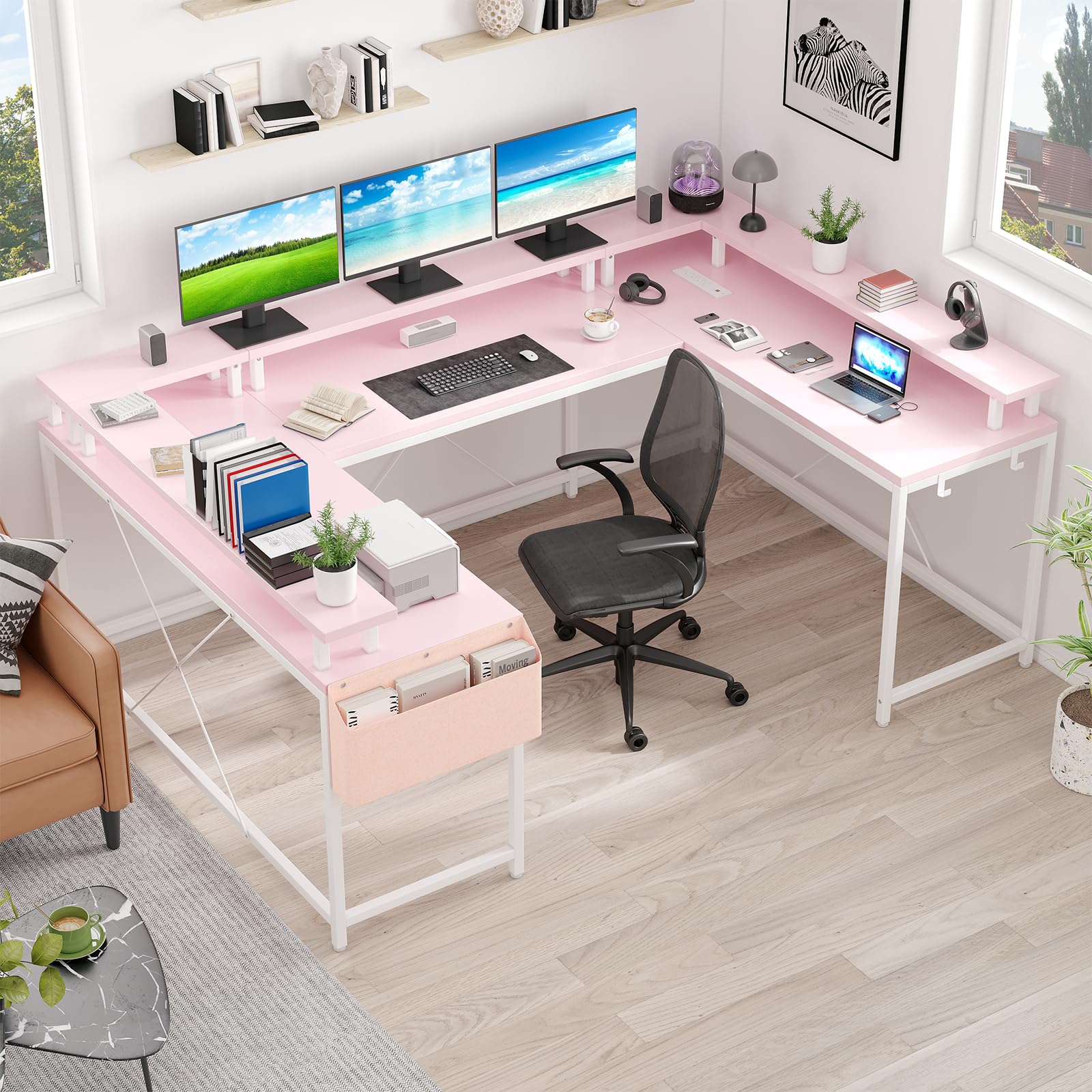 TrailBlaze U-Shaped Computer Gaming Desk, Pink, with Power Outlets, LED Strip & Monitor Stand, Office Desk with Storage Shelves & Bag, Reversible