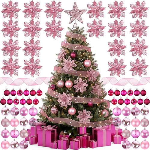 Skylety Juego de 104 decoraciones para árbol de Navidad, adornos colgantes inastillables para árbol de Navidad, decoración de estrella para árbol de