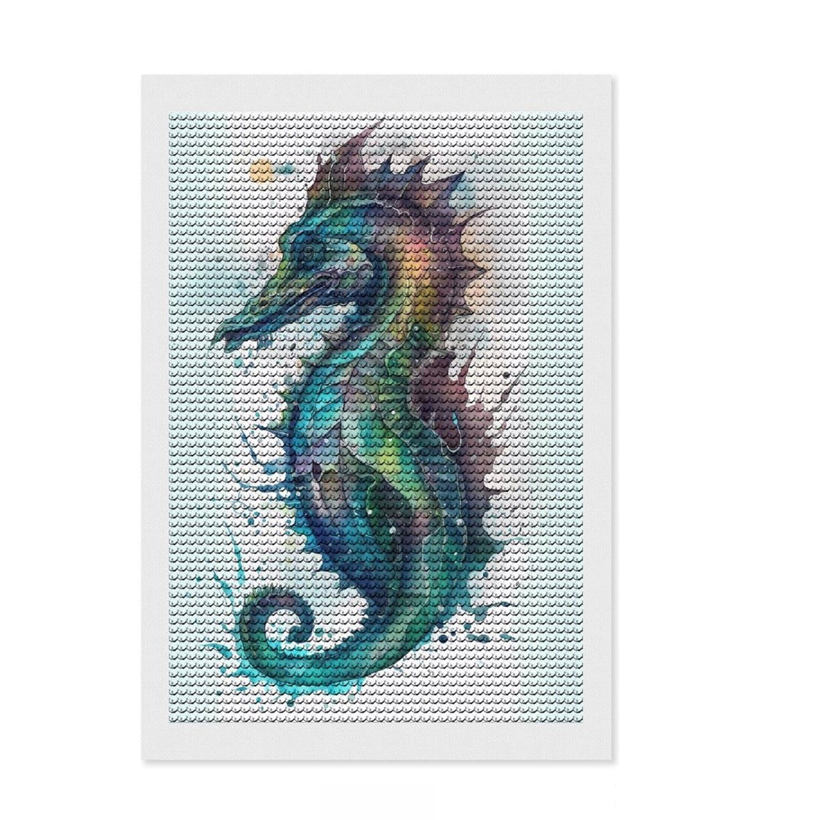 Junmoney Seahorse Precious Round Drill Diamond Painting 8"x12", for Creative Relaxation, Full Kit Included, Boho Decor, Gift Idea