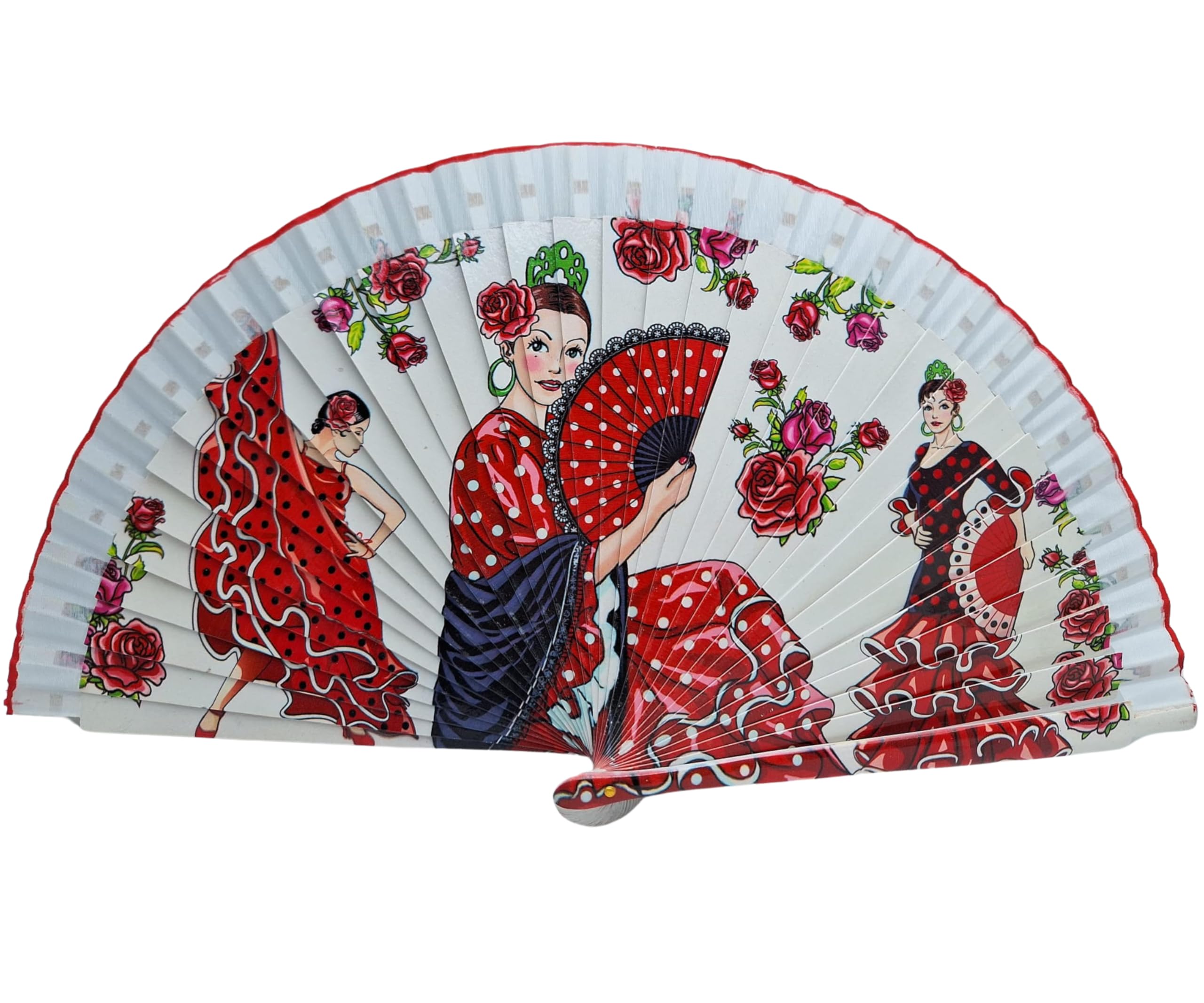 Abanico Plegable con Funda. Tela Estampada de Algodón sobre Madera. Dibujos de la Cultura española (Flamenco, Toreros, Toros, Bailaores etc...) (3 bailaoras Rojo)