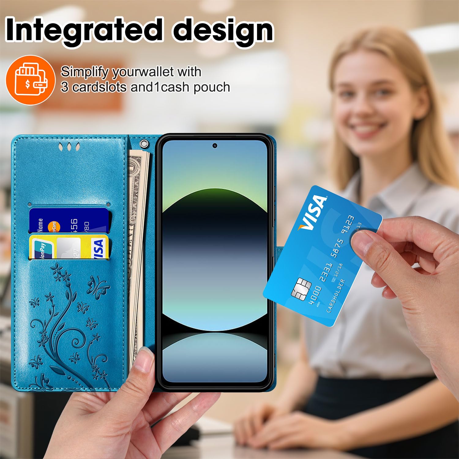 FHSYCR Cover In Pelle PU Per Xiaomi Redmi Note 14 4G - Custodia A Portafoglio Con 3 Slot, Supporto, E Vetro Temperato Incluso (Blu) - 2