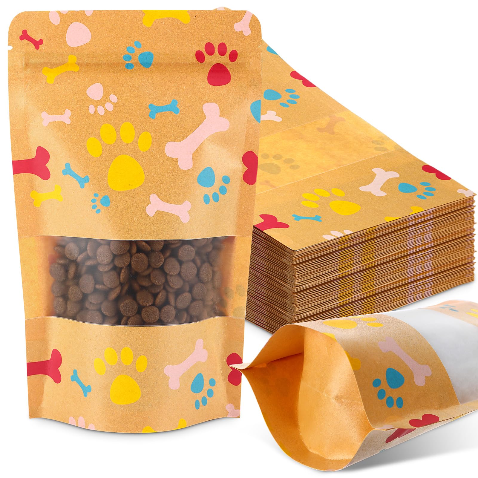 Dunzoom 200 Pcs Paw Dog Treat Bags Puppy Party Favor 4.7" x 7.9" Paw Gift Bag Resealable Stand up Kraft Paper Zipper Pouch Dogs Packaging for Homemade