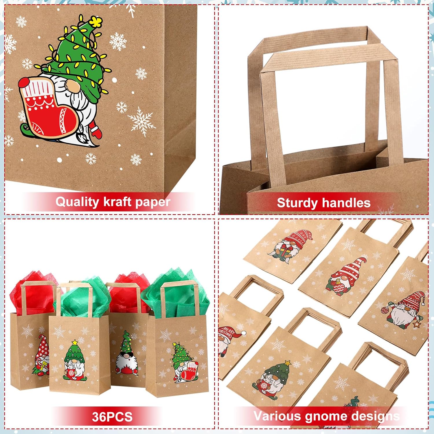 Kolldenn 36 PCS Kraft Paper Gift Bags with Handles - Reusable Christmas Gnome Goody Bags - Brown Xmas Treat Bags for Holiday Winter Party Supplies