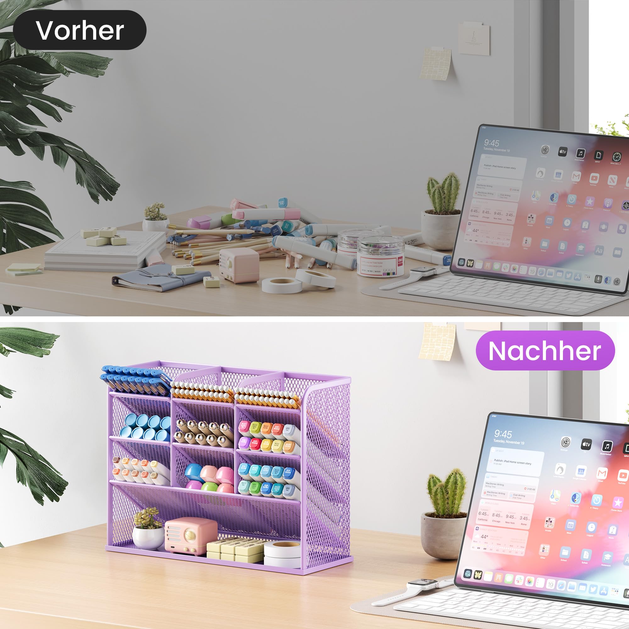 VITVITI Organizer da scrivania, 9 scomparti, portapenne, in metallo, portapenne, per scuola, casa, ufficio (viola)