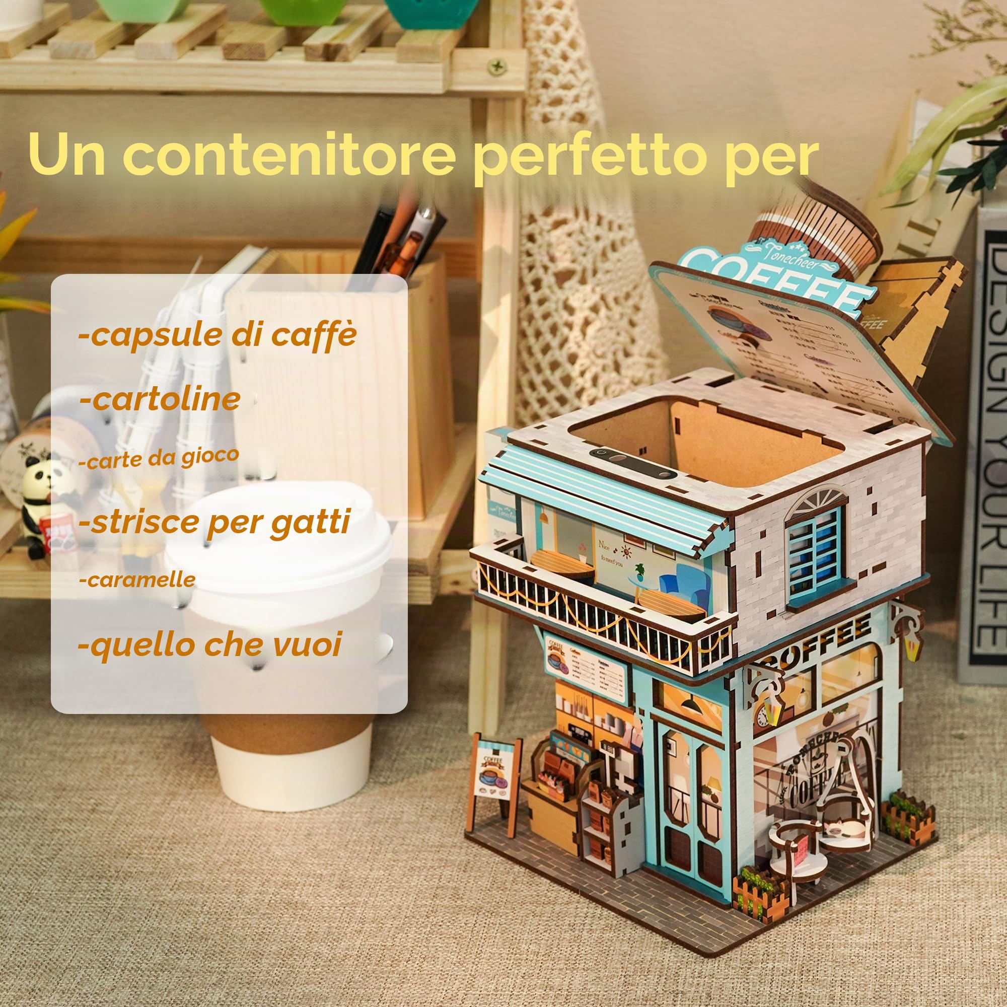 Tonecheer Puzzle 3D Creativo in Legno Adulti, Fai-da-Te Kit di Modellismo da Costruzioni Artigianato Meccanico Ottima Idea Regalo, Domestica con Apertura Automatica del Coperchio(cappa caffetteria)
