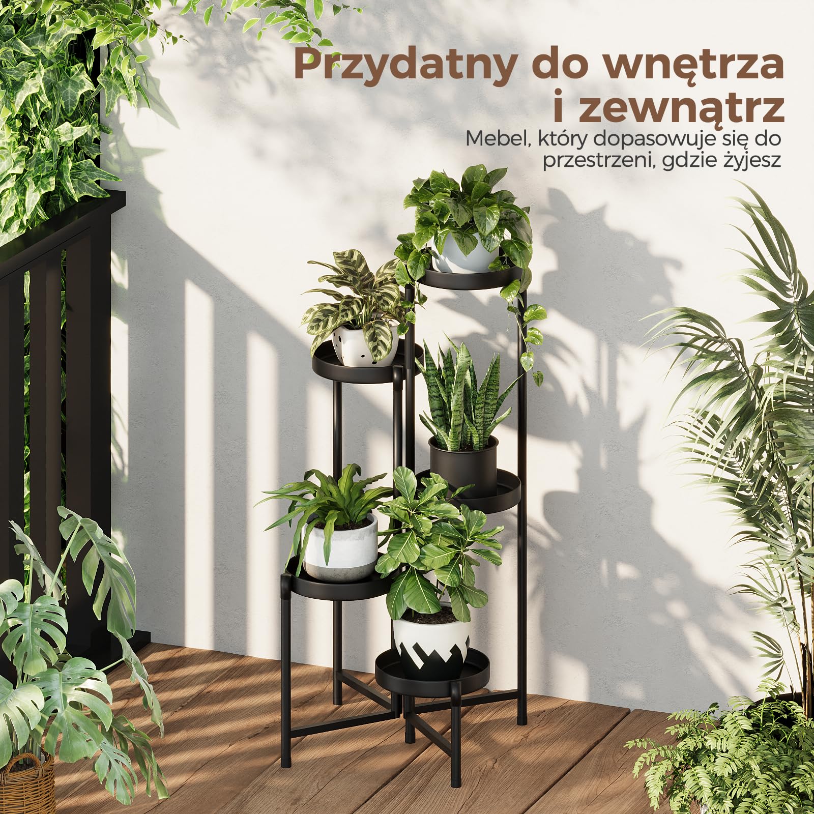 Bamworld Stojak na Rośliny Wewnątrz Na Zewnątrz Składany 5-Poziomowy Metalowy Stojak na Kwiaty, Kątowa Wielopoziomowa Półka na Rośliny do Ogrodu Balkonu Tarasu Salonu Sypialni