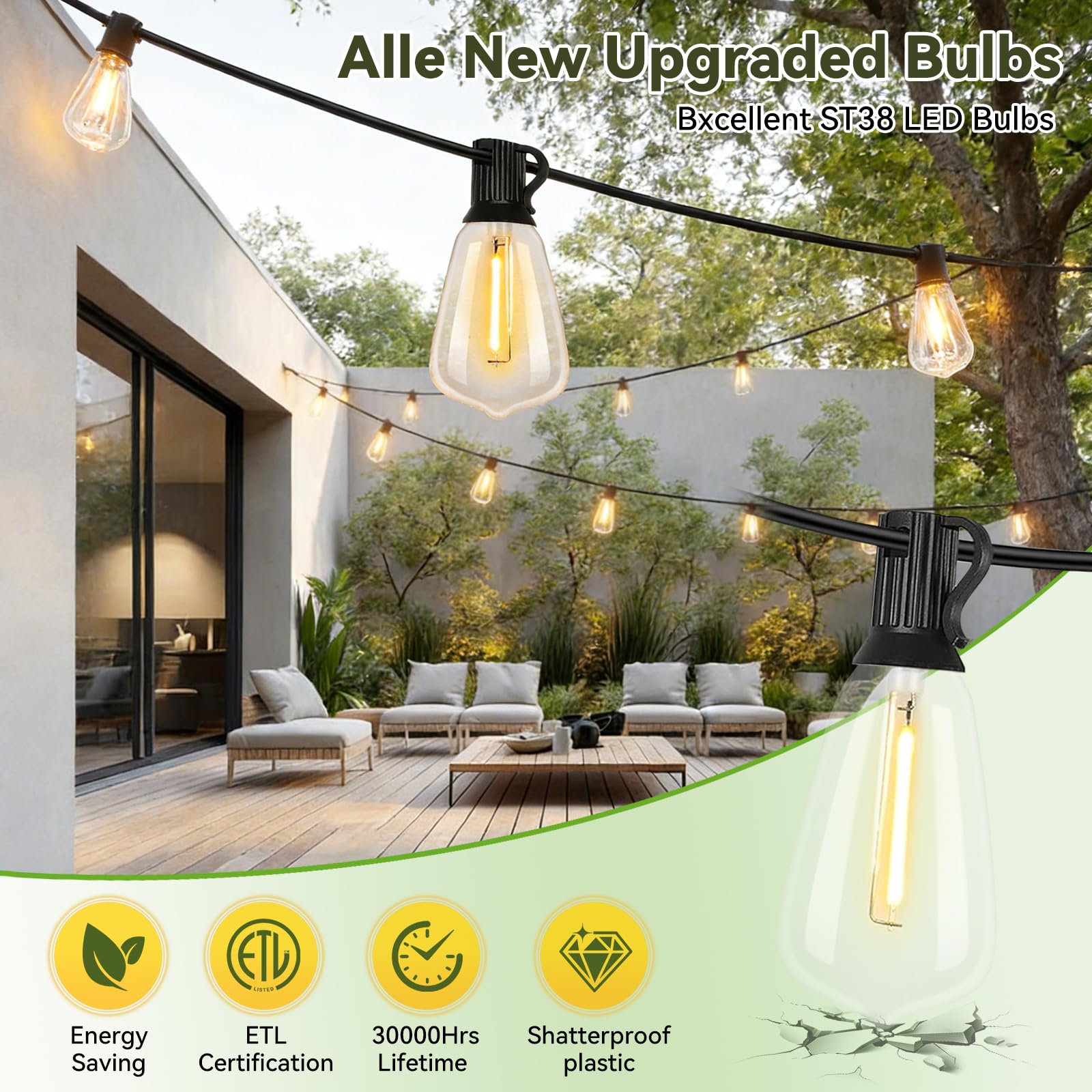 Catena LED ST38 45M/150FT 75 Lampadine +2 Ricambio, IP44 Impermeabile Luce Calda 2200K, Illuminazione Esterna Giardino Festa (45M/150FT, 75)