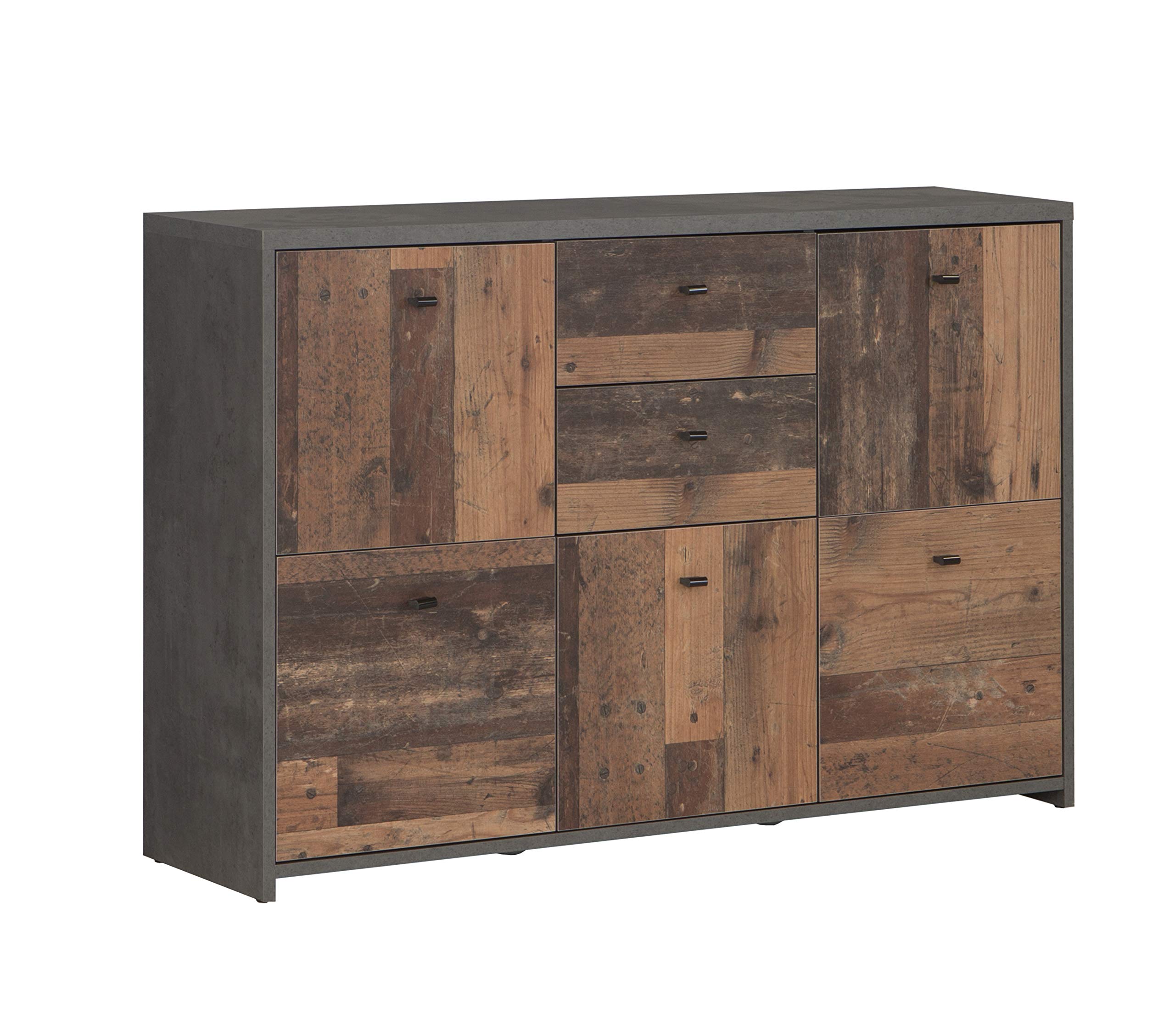 FORTE Best Chest Kommode mit 5 Türen und 2 Schubladen, Holzwerkstoff, Old-Wood Vintage kombiniert mit Betonoptik, 114,1 cm x 77,5 cm x 29,6 cm