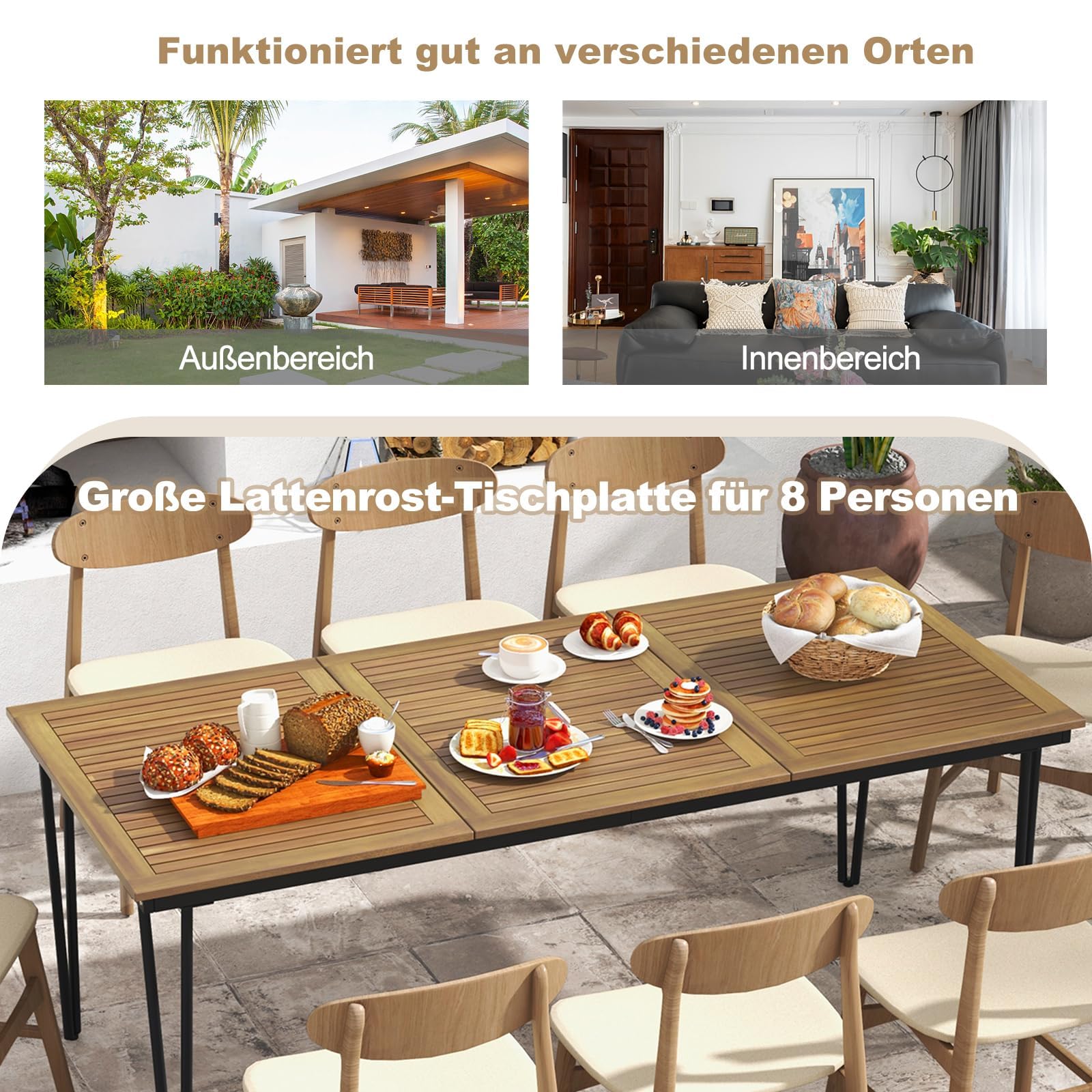 FANTASK 200 x 90 cm, tavolo da giardino rettangolare in legno di acacia, tavolo da pranzo con foro per ombrellone per 8 persone