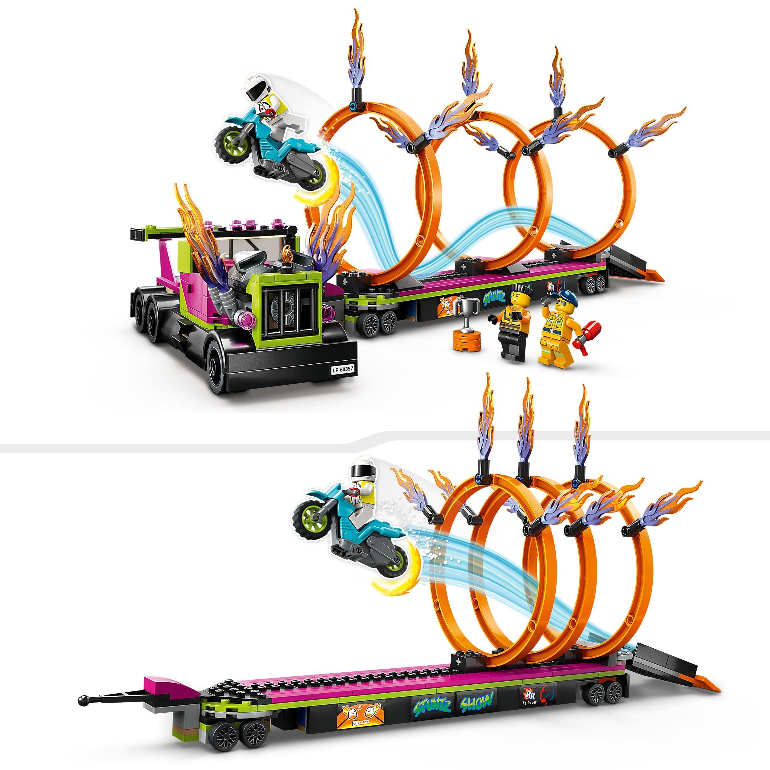 LEGO 60357 City Stuntz Le Défi de Cascade : Les Cercles de Feu, Jouet Moto de Cascadeur avec Camion et Minifigurines, Cadeau pour Enfants 6 Ans, Set 2023