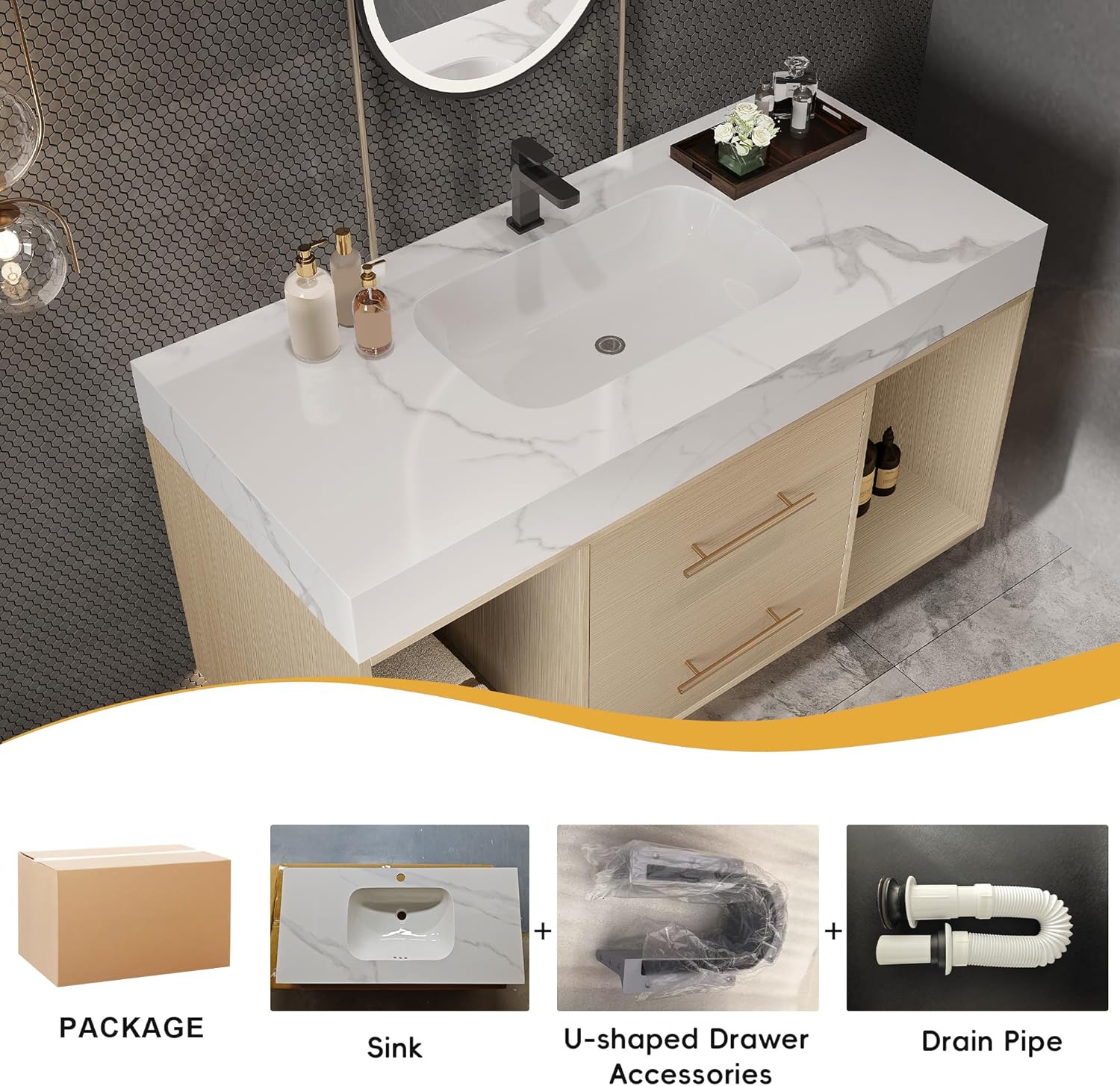 SSLine 39.4" Bathroom Vanity with Ceramic Sink and Sinter Stone Marble Counter Top Modern Floating Bathroom Vanity Sink Cabinet with 2 Open Cubes and 2 Drawers,Light Oak Gold