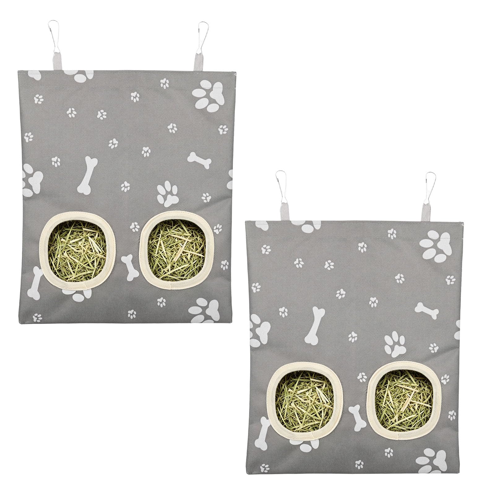 M METERXITY 2-Pack Rabbit Hay Feeder Bag, 9.8x11 Inch Oxford Cloth 2 Hole Hanging Guinea Pig Hay Bags Holder Waterproof Large Capacity for Rabbits/Chinchillas/Hamsters/Small Animal Pet [Gray]