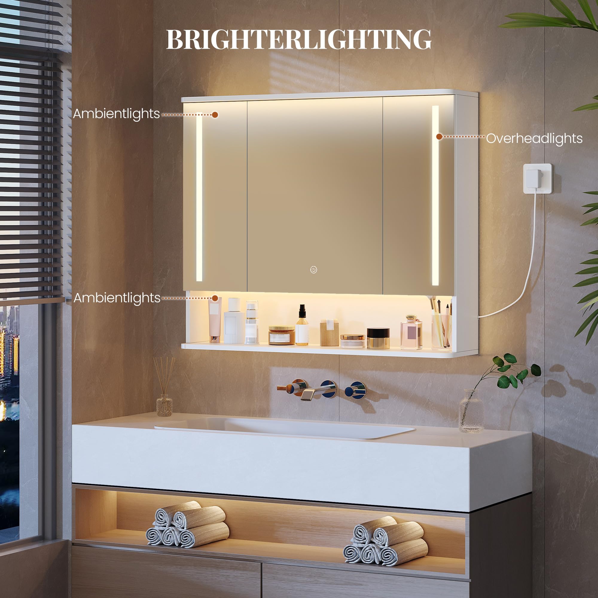 Hzuaneri Armario de Baño con LED, 3 Color, 3 Puertas, 21 x 90 x 76 cm | Iluminación LED Superior e Inferior, Mueble Baño con Estantes Ajustables, 5490103XEU