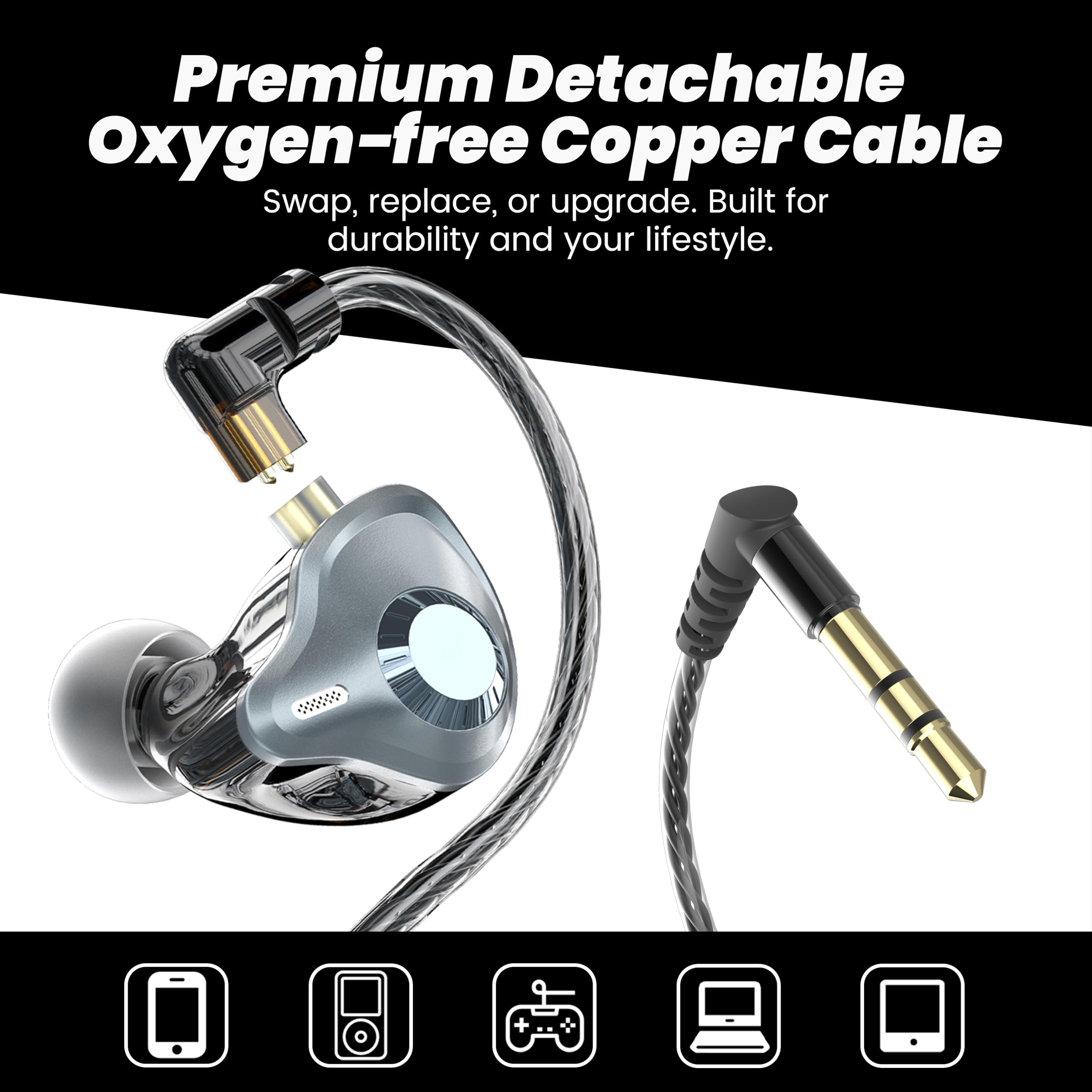 Cuffie intrauricolari per monitor, HiFi IEM, auricolari da gioco cablati confortevoli, isolamento acustico profondo dei bassi, cavo staccabile a 2 pin per musicisti cantanti e batteristi
