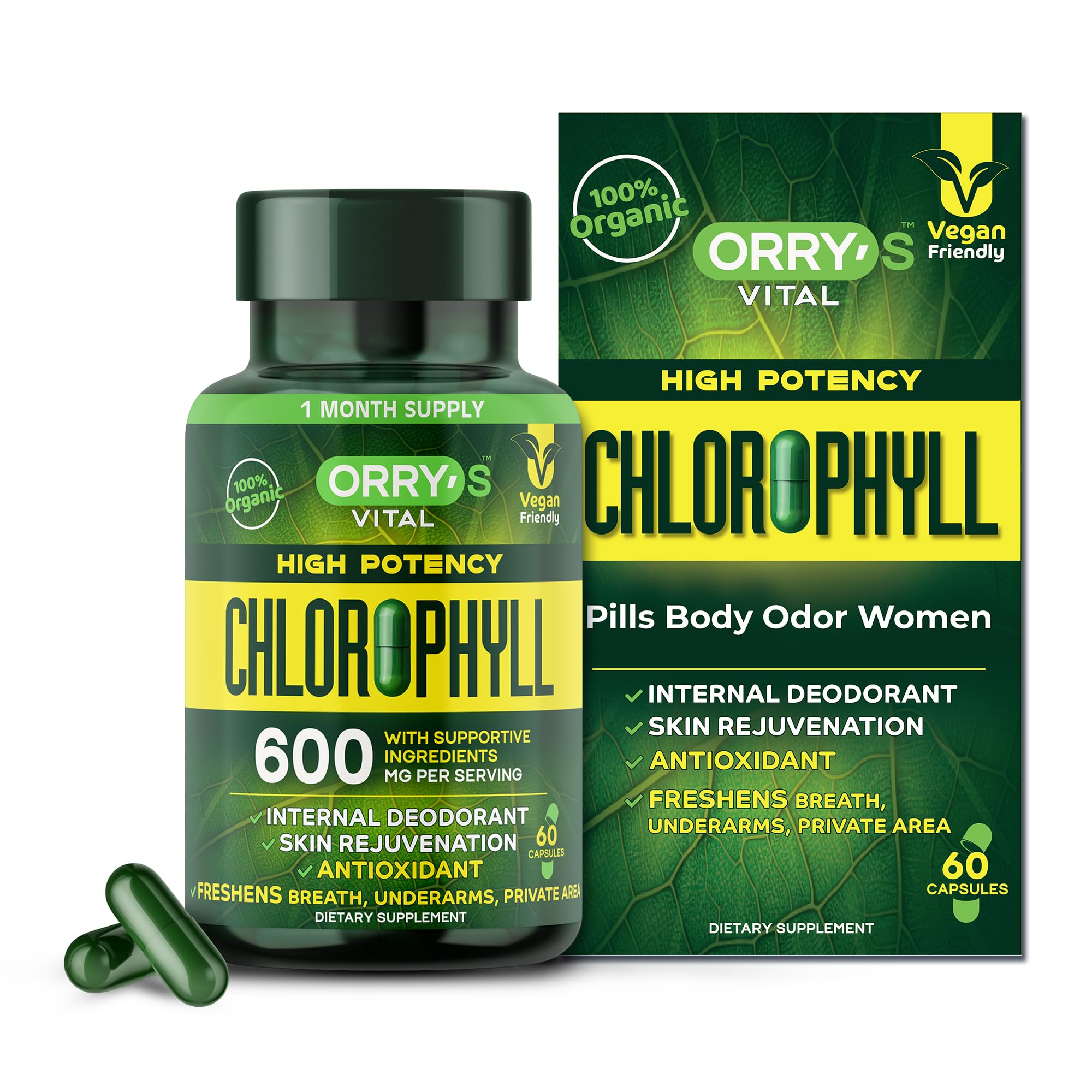 Chlorophyll Capsules 600 mg - Natural Internal Deodorant to Detox Body Odor, Armpits & Private Parts - Body-Deodorizing Supplement: Supports Immunity and Digestion - 60 Chlorophyll Pills