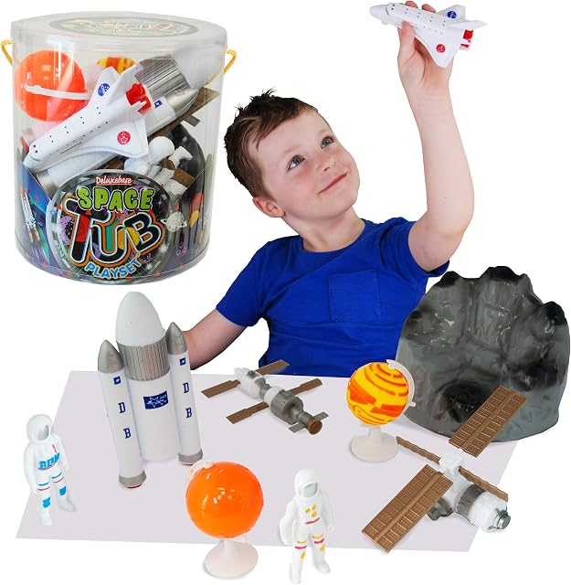 Deluxebase Tub Playset - Space from Space Toy Set for Kids. Imagination toys with Astronauts, Planets, Rocket, Space Shuttle, Satellite and Moon Rock